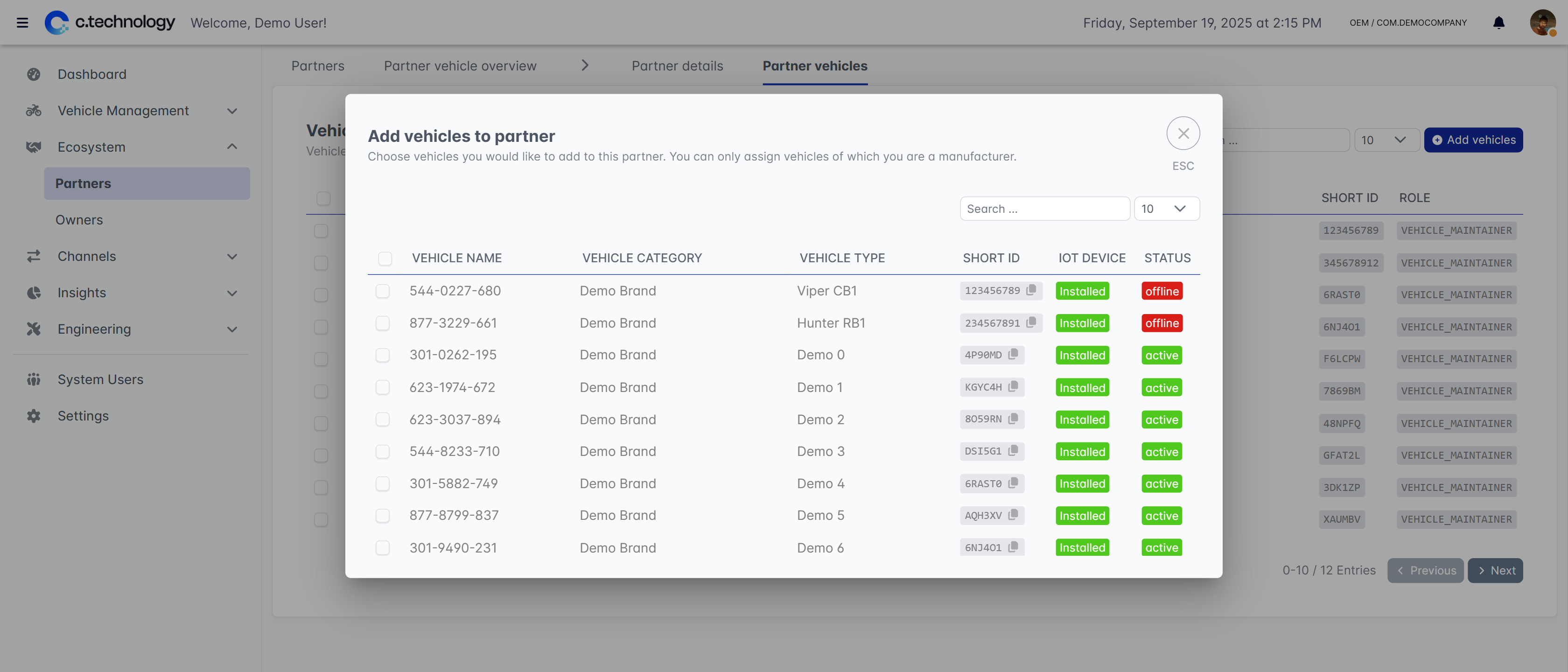 OEM dashboard showing vehicle assignment interface for partner organizations
