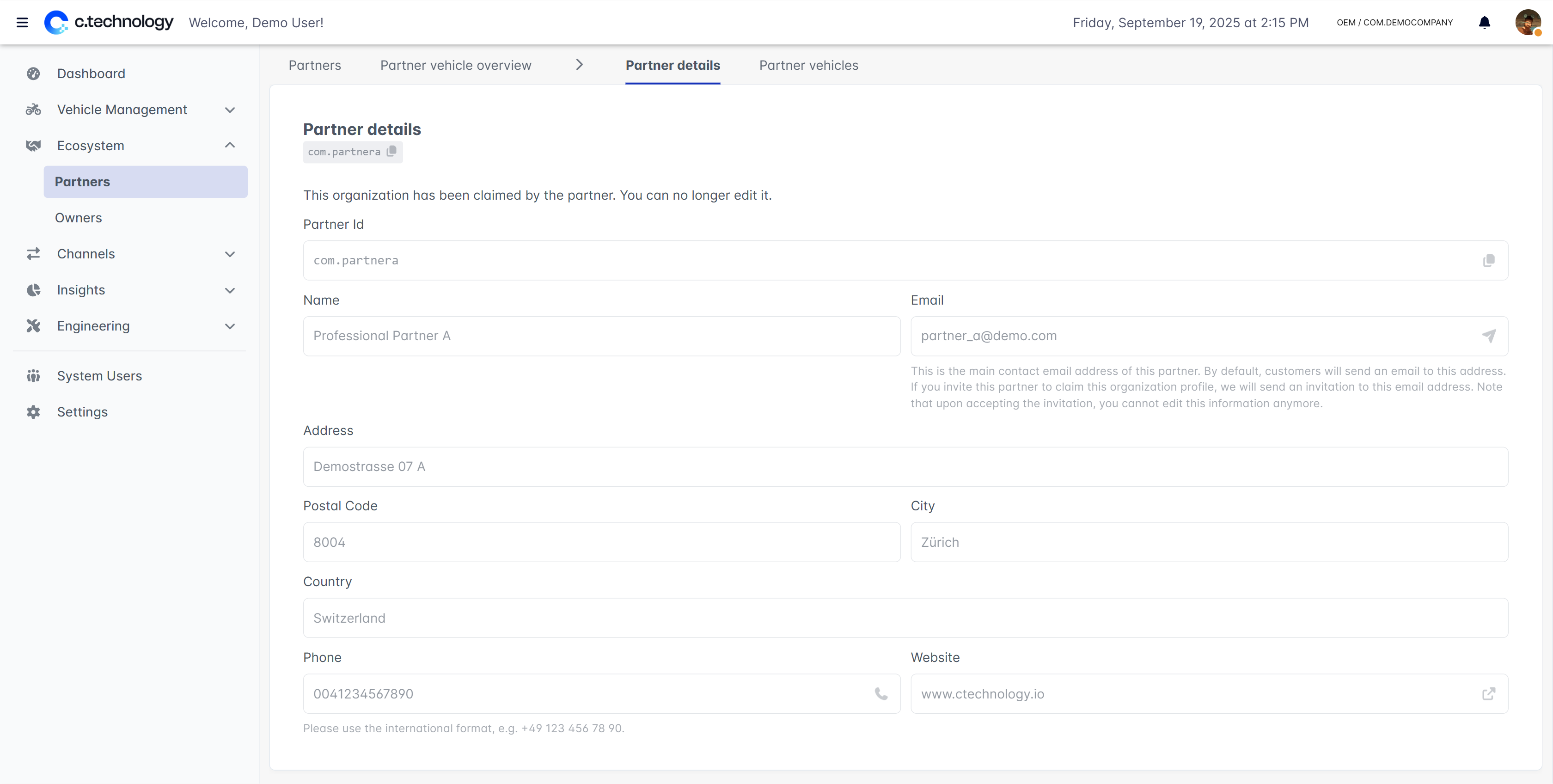 OEM dashboard showing partner details form with contact information and management settings