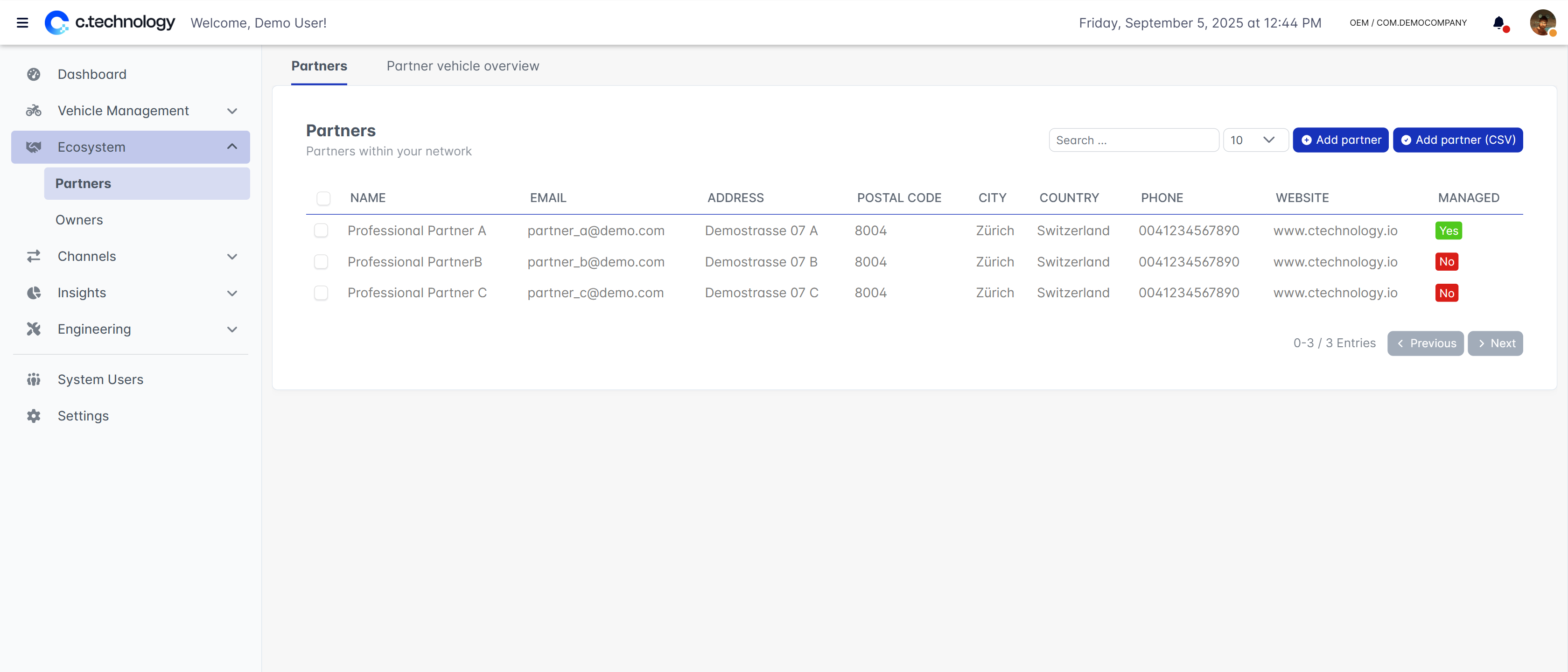 OEM dashboard showing partner management interface with dealer and service provider network overview