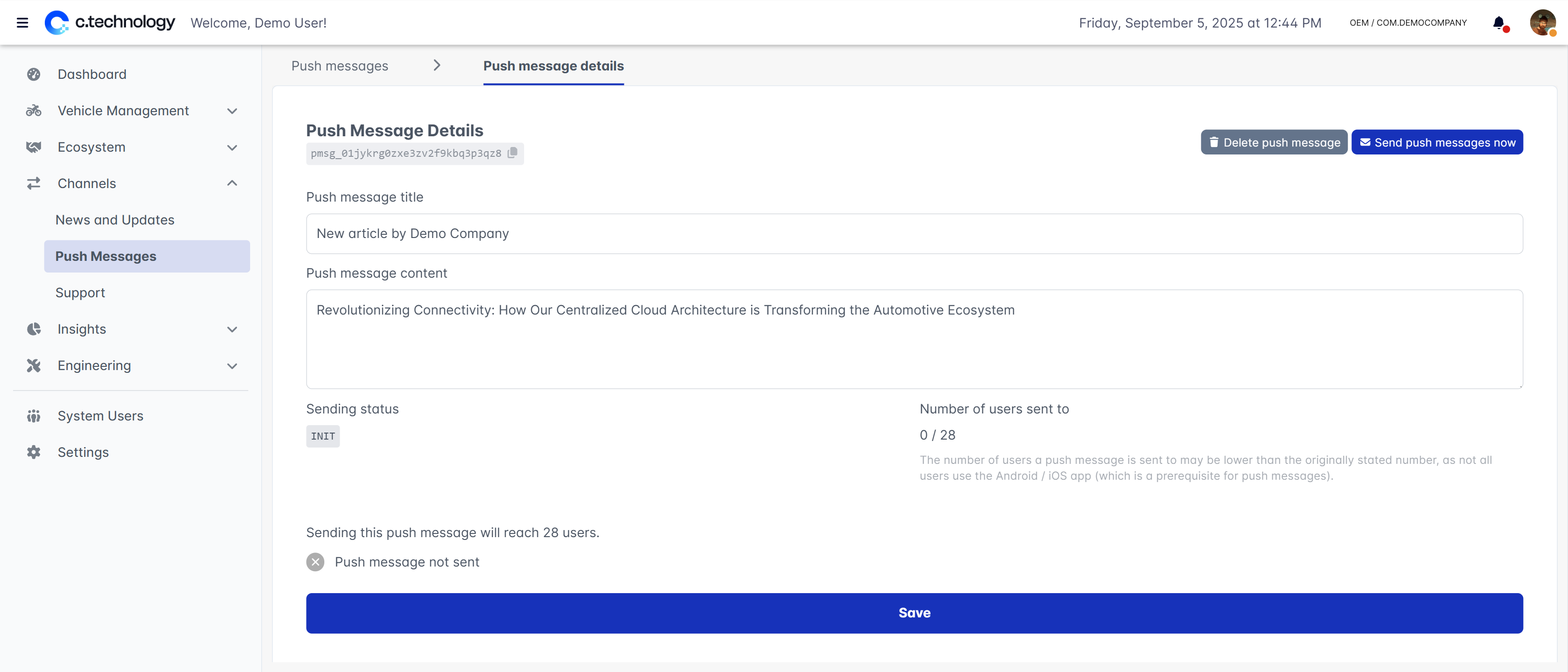 OEM dashboard showing individual push notification creation form