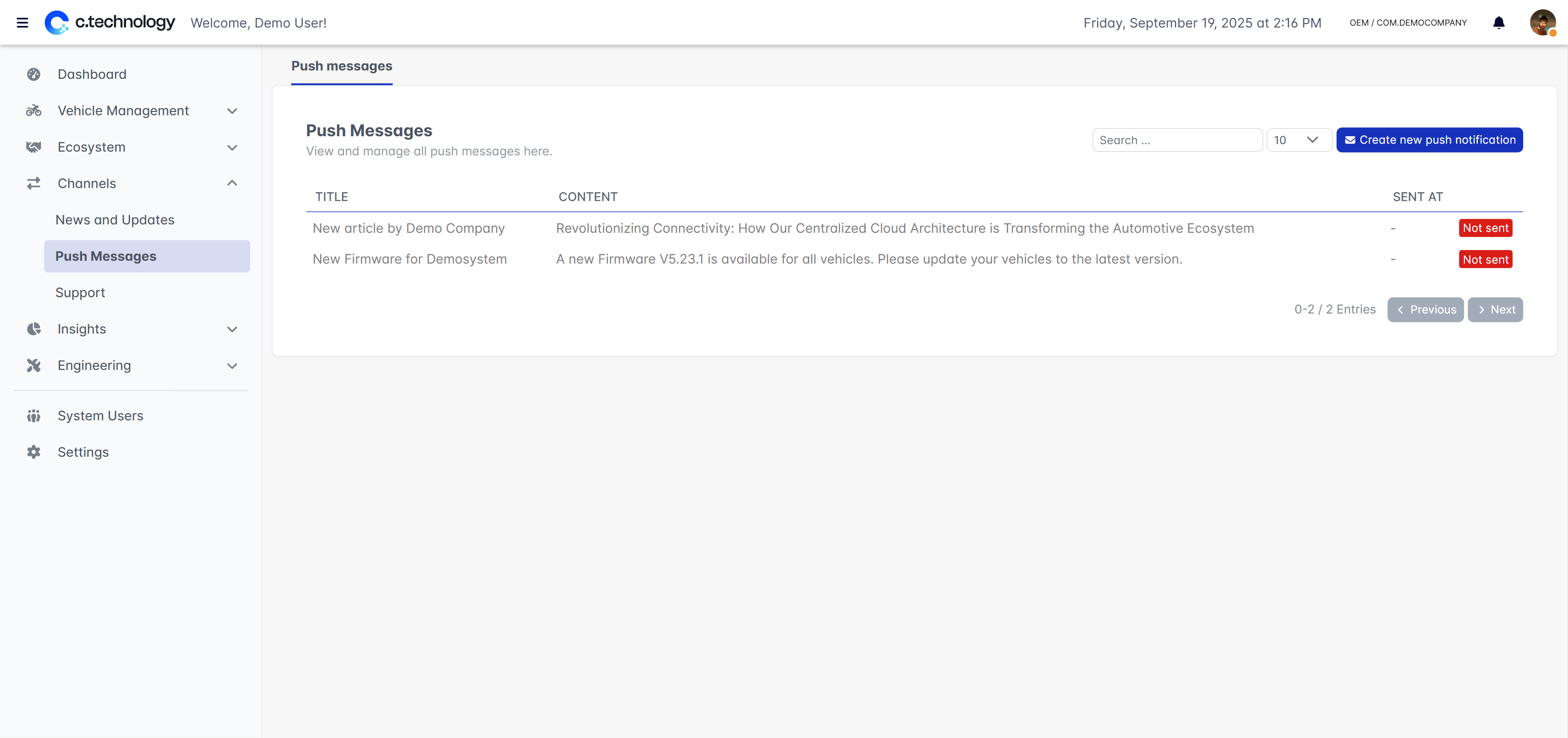 OEM dashboard showing push notification management interface
