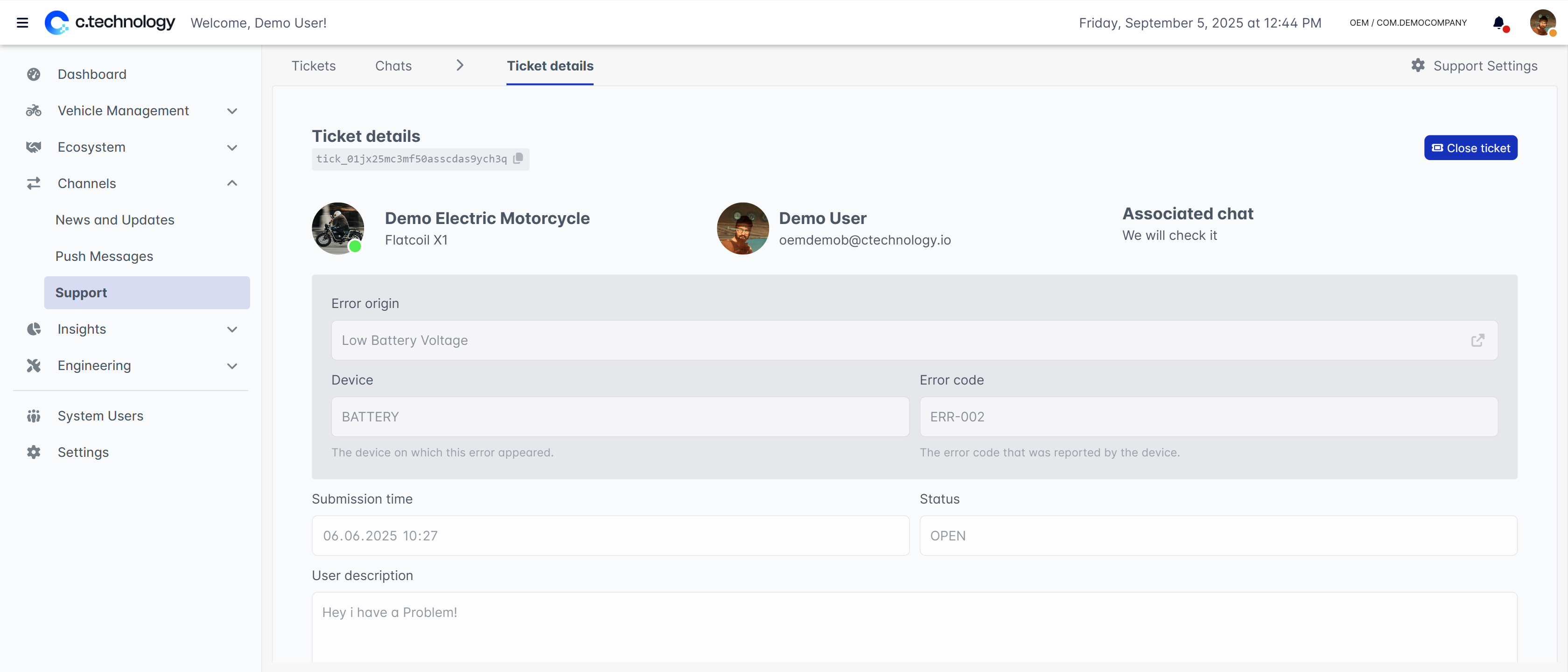 OEM dashboard showing individual support ticket details and response interface