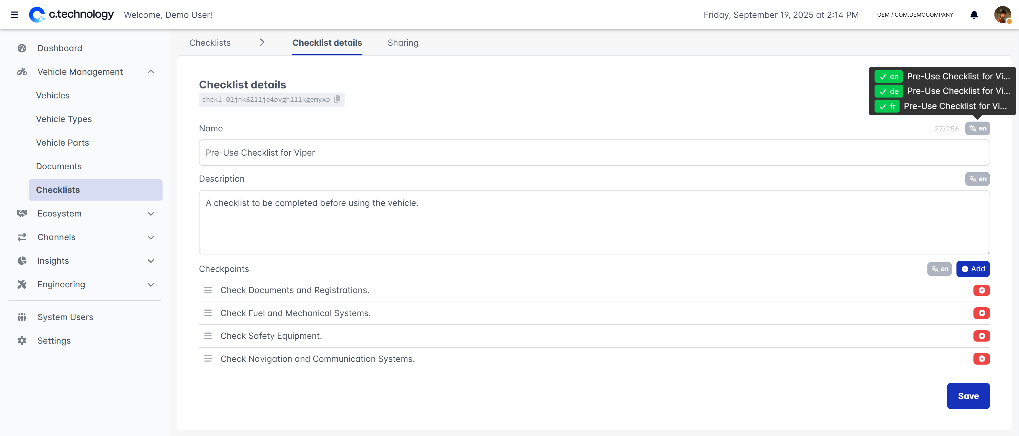 OEM dashboard showing checklist details editor with drag-and-drop task points