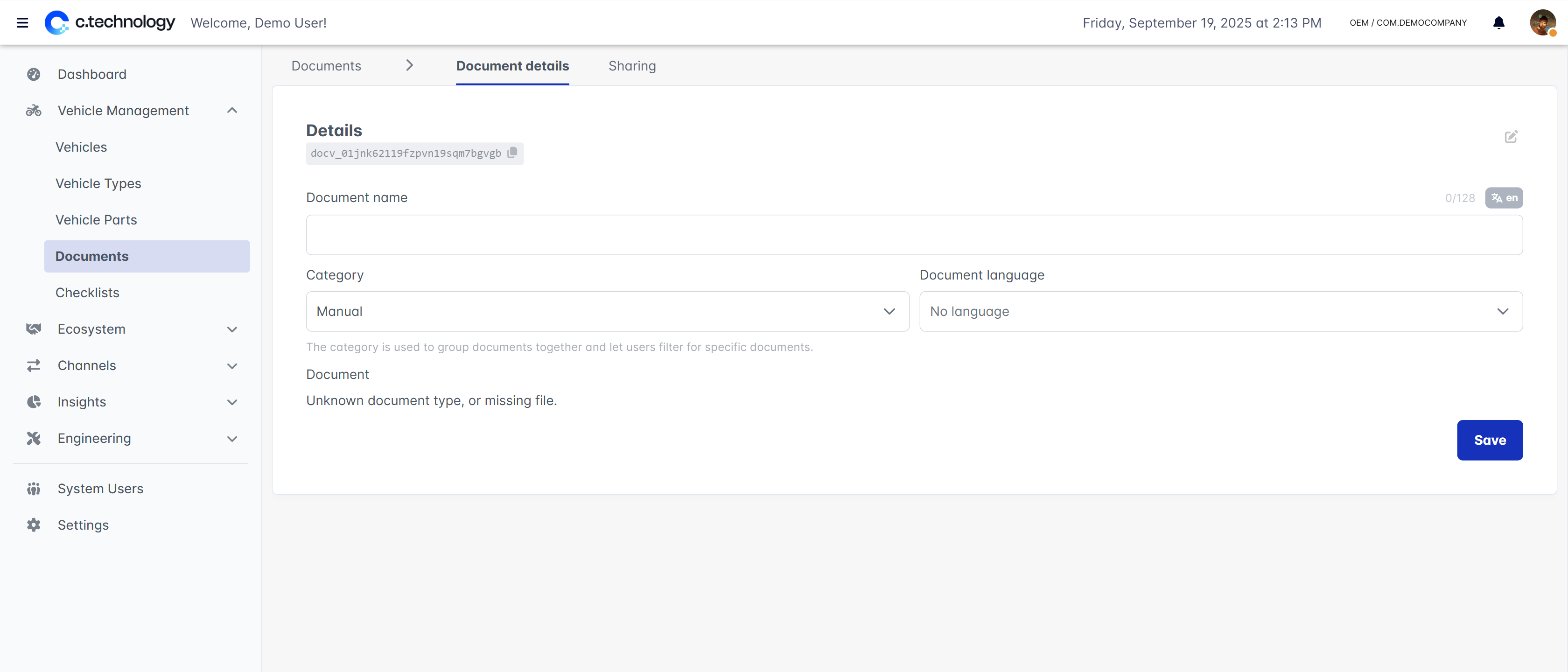 OEM dashboard showing document details form with language and translation settings