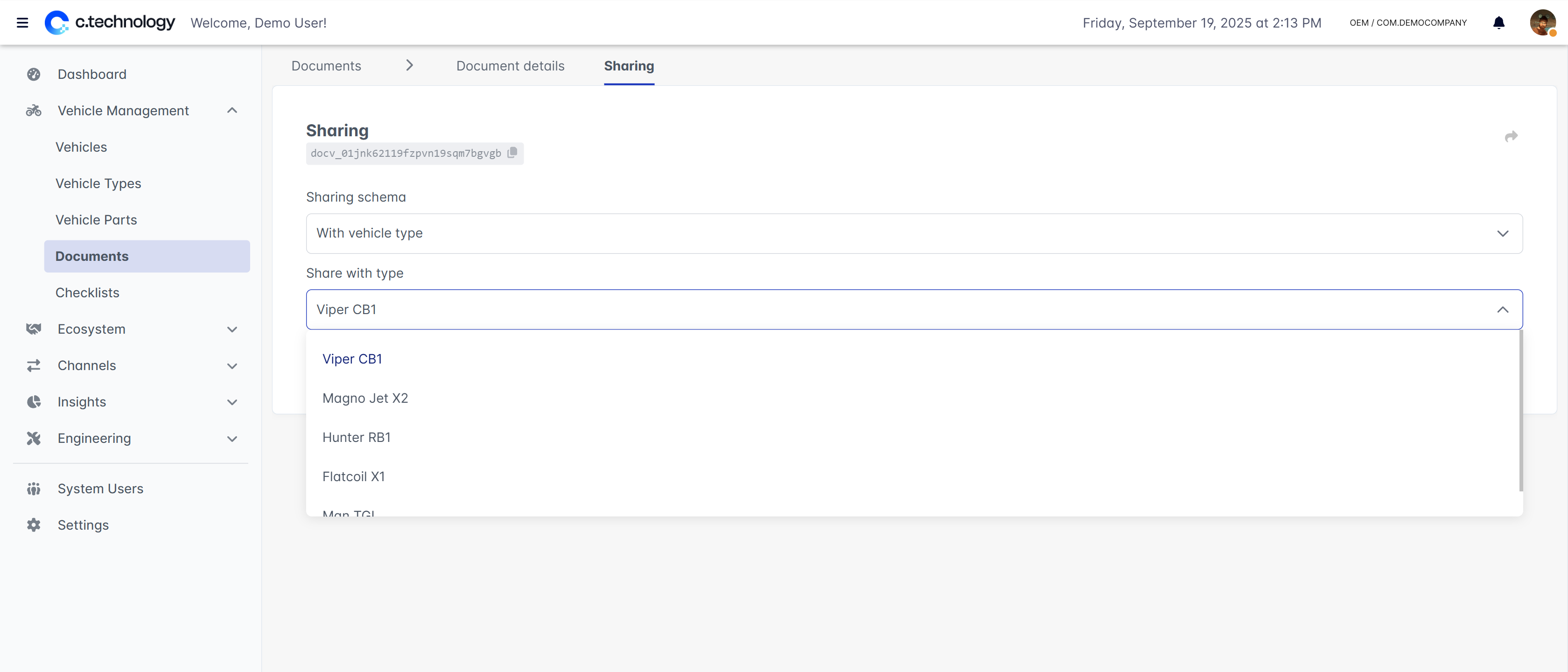 OEM dashboard showing document sharing settings with vehicle assignment options