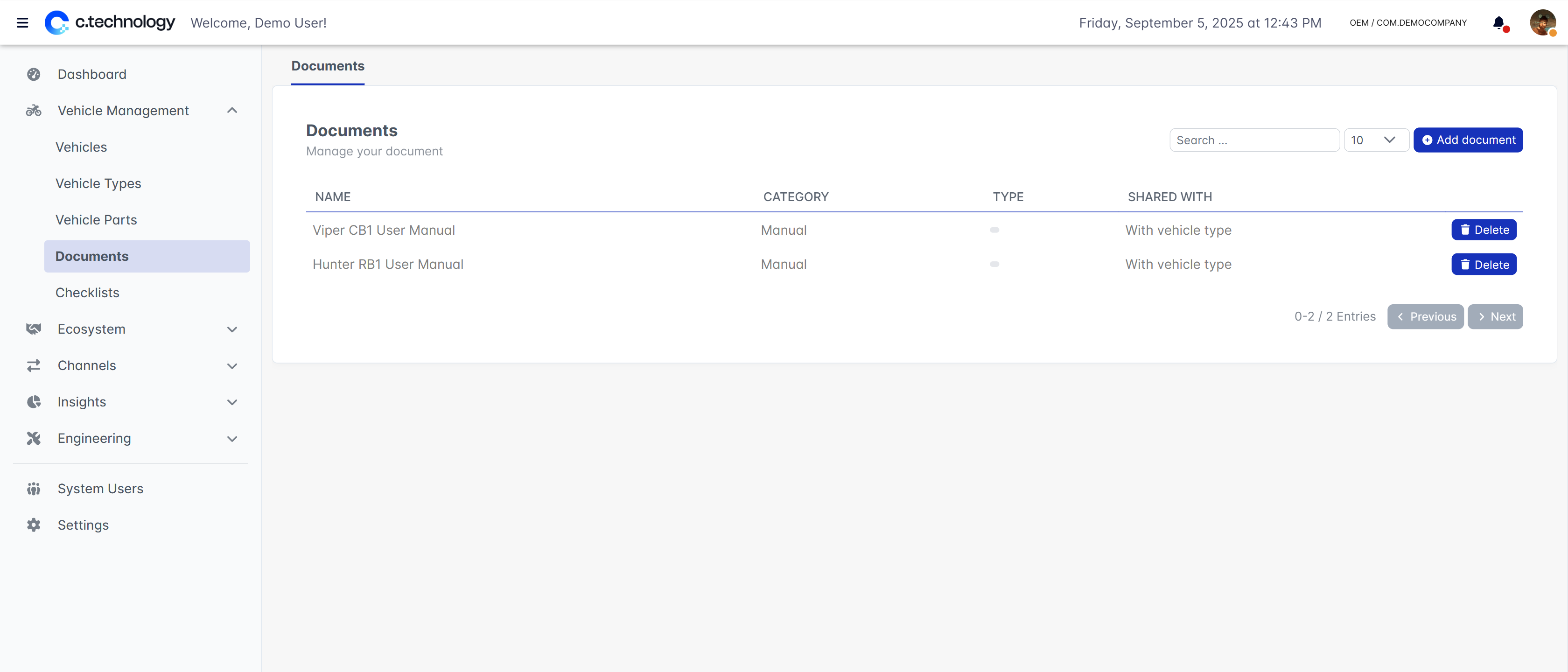 OEM dashboard showing document management interface with categories and upload options