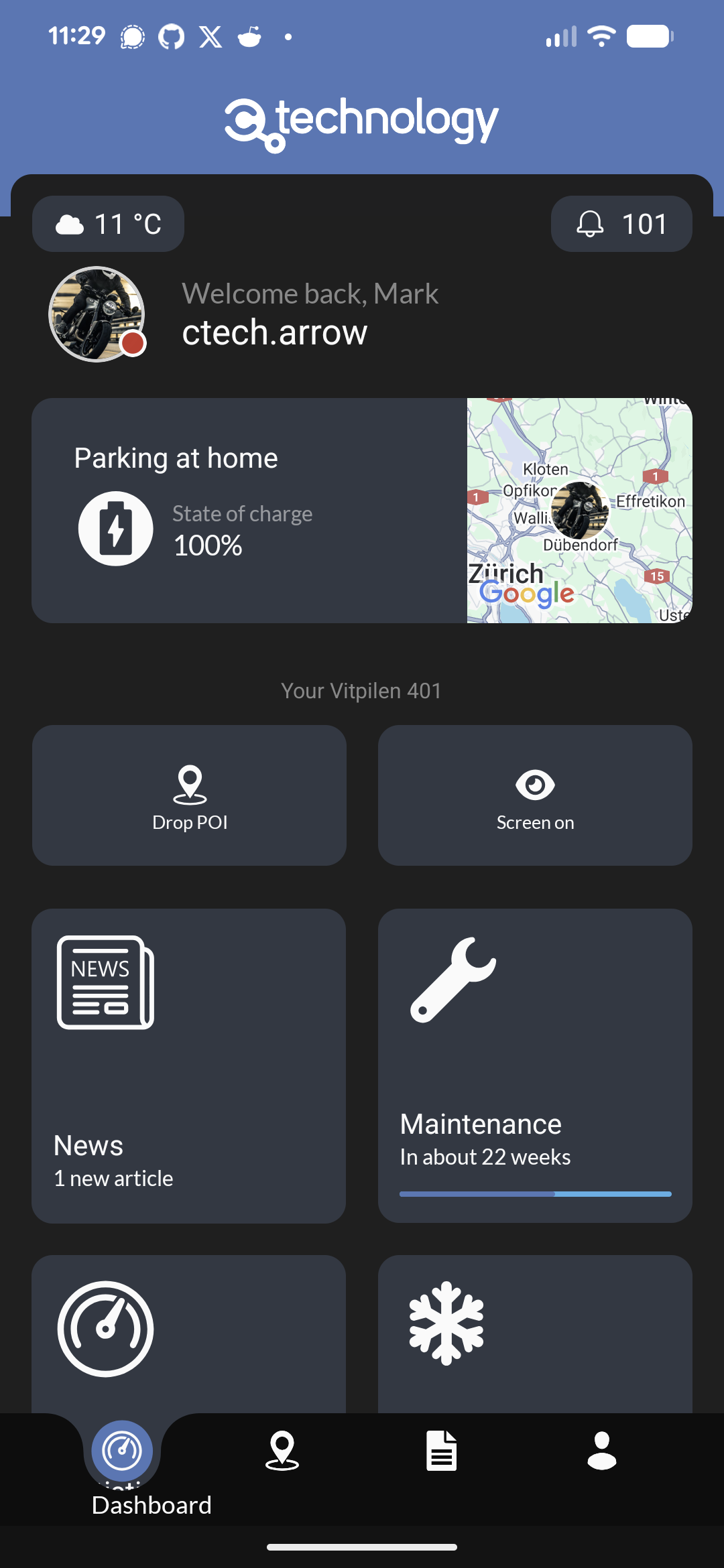 Mobile app showing maintenance tile on dashboard with upcoming service requirements