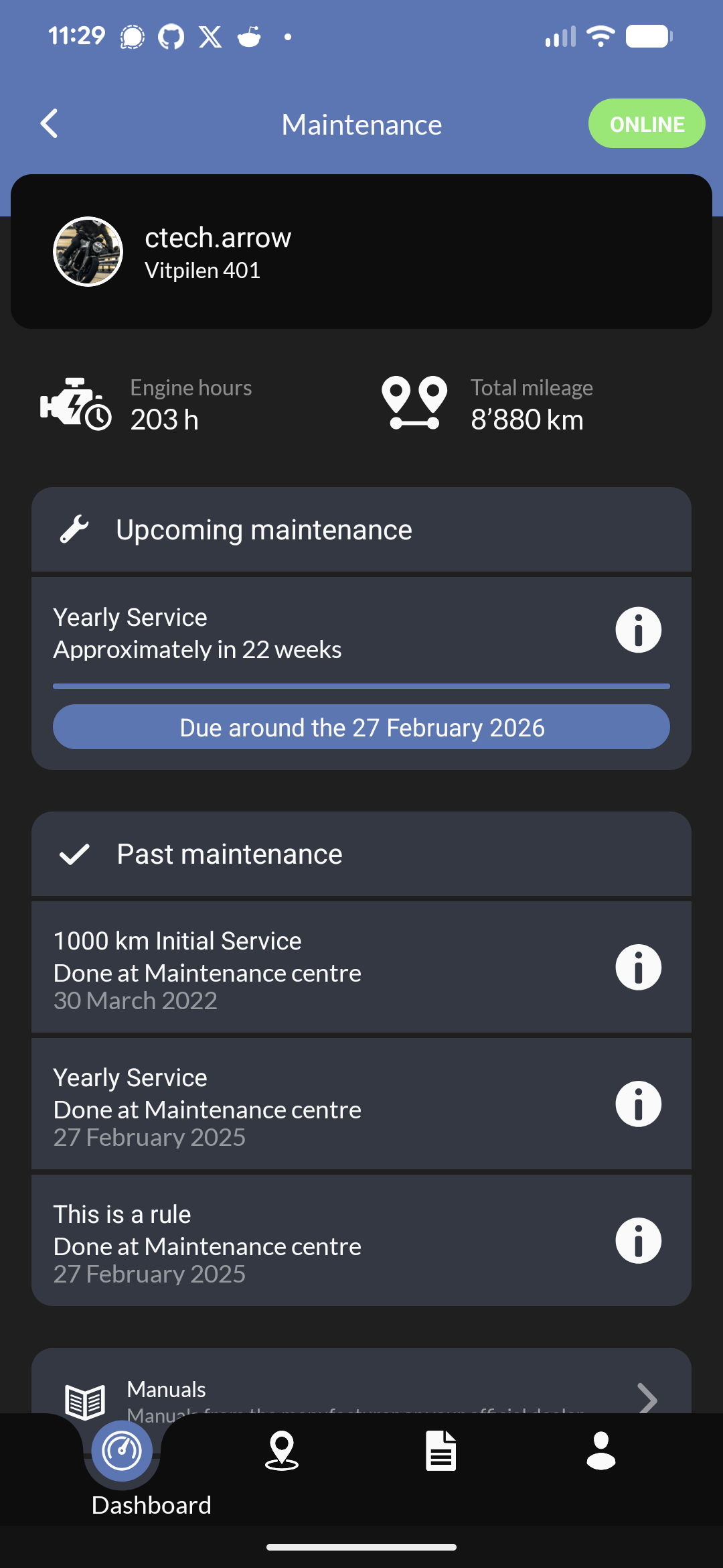 Mobile app showing maintenance history and upcoming service schedule