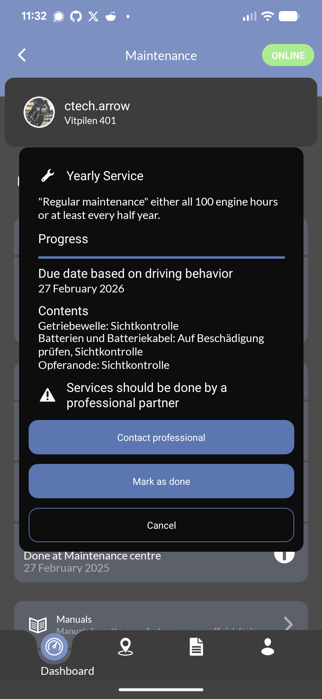Mobile app showing detailed upcoming maintenance tasks and service provider selection