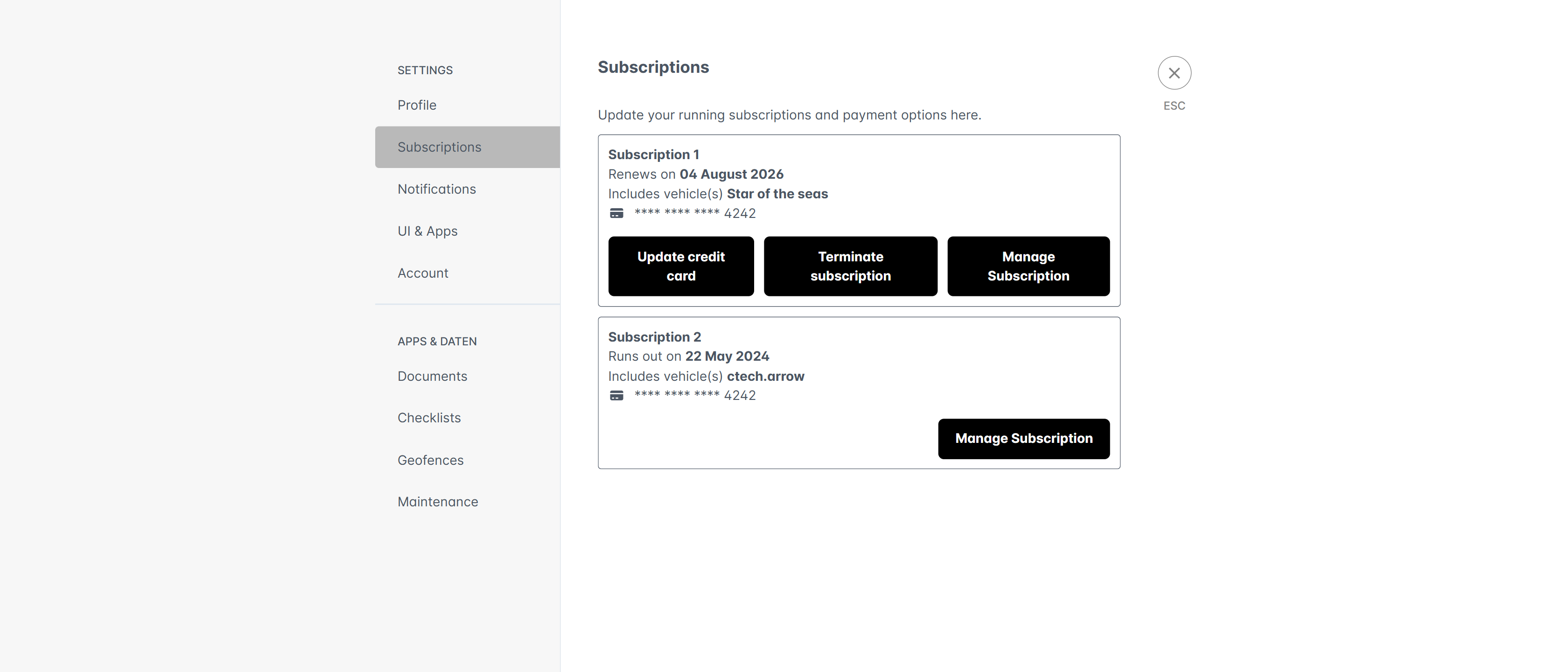 Web application showing subscription billing information with credit card management
