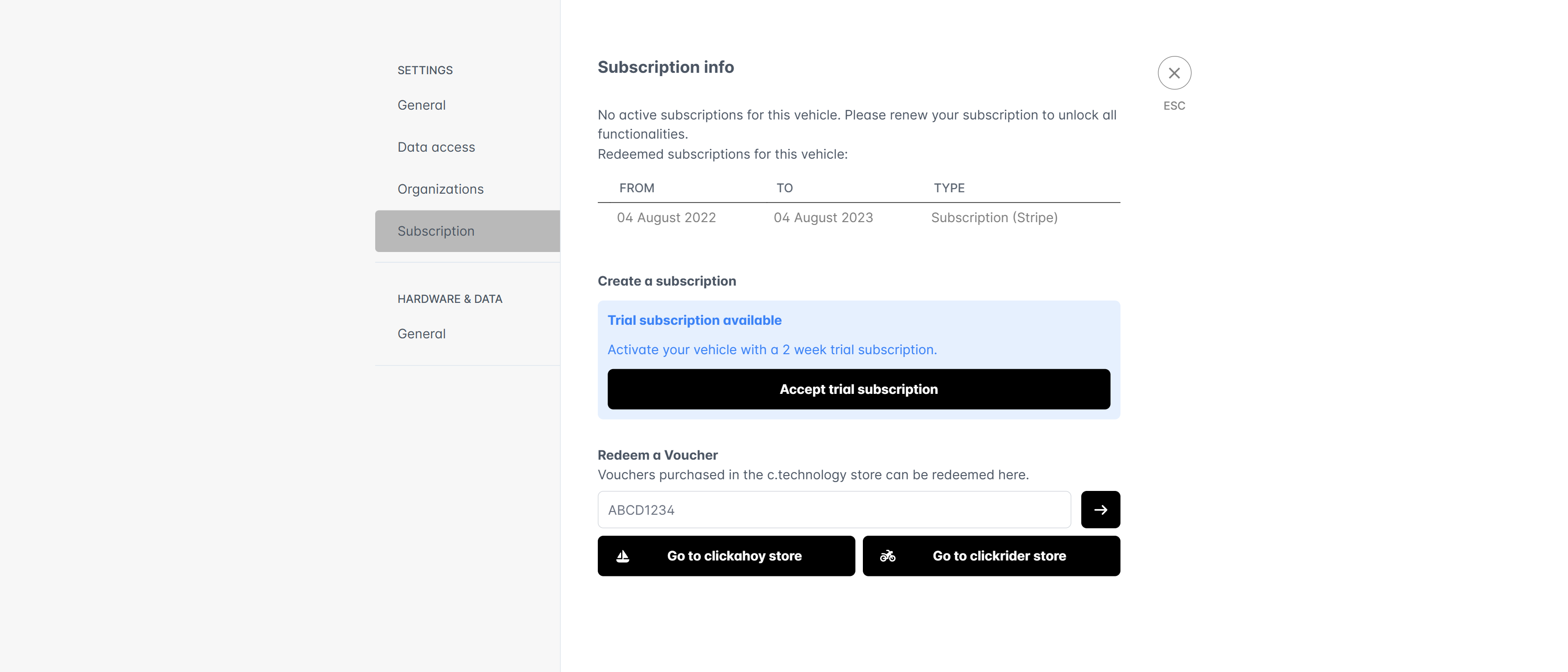 Web application showing vehicle subscription details with voucher redemption options