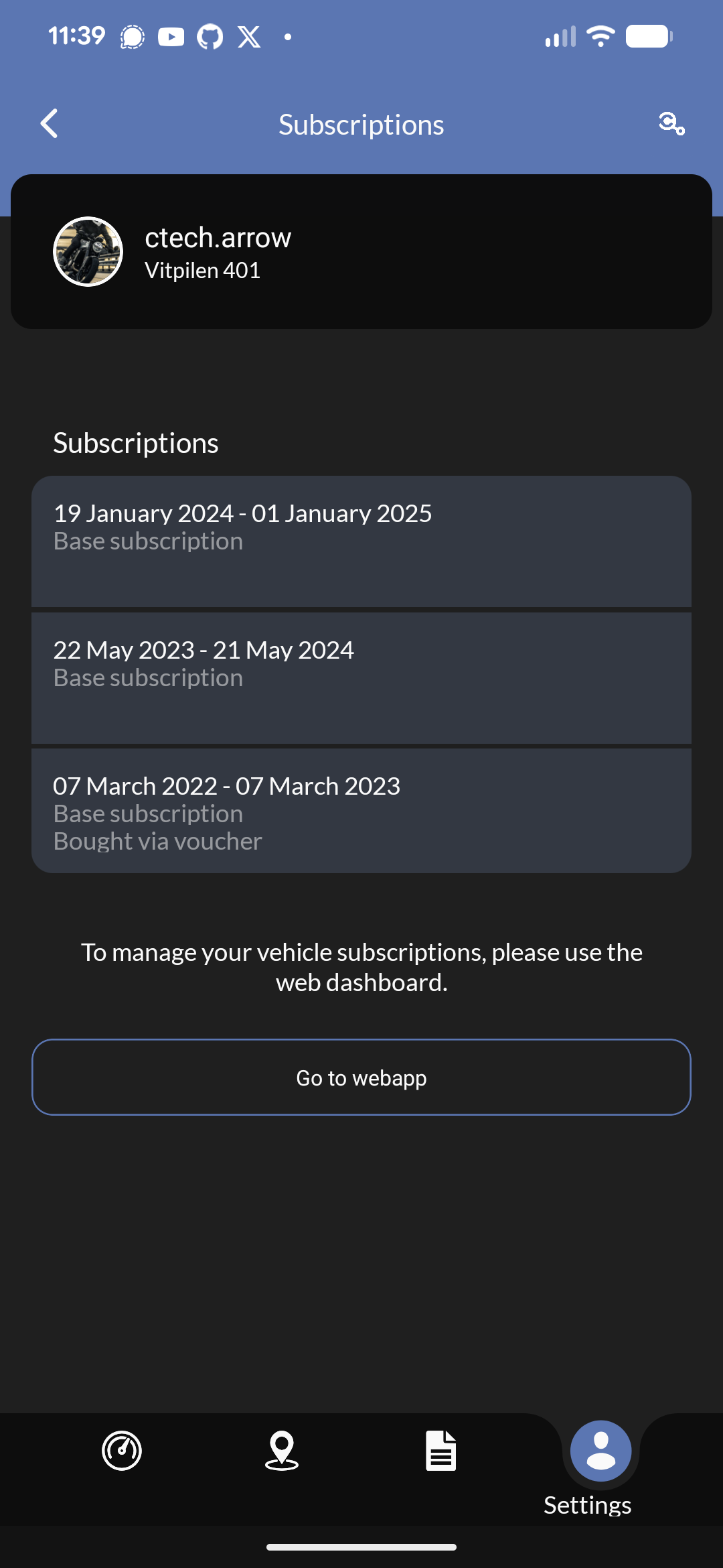 Mobile app showing subscriptions screen with service plans and billing options