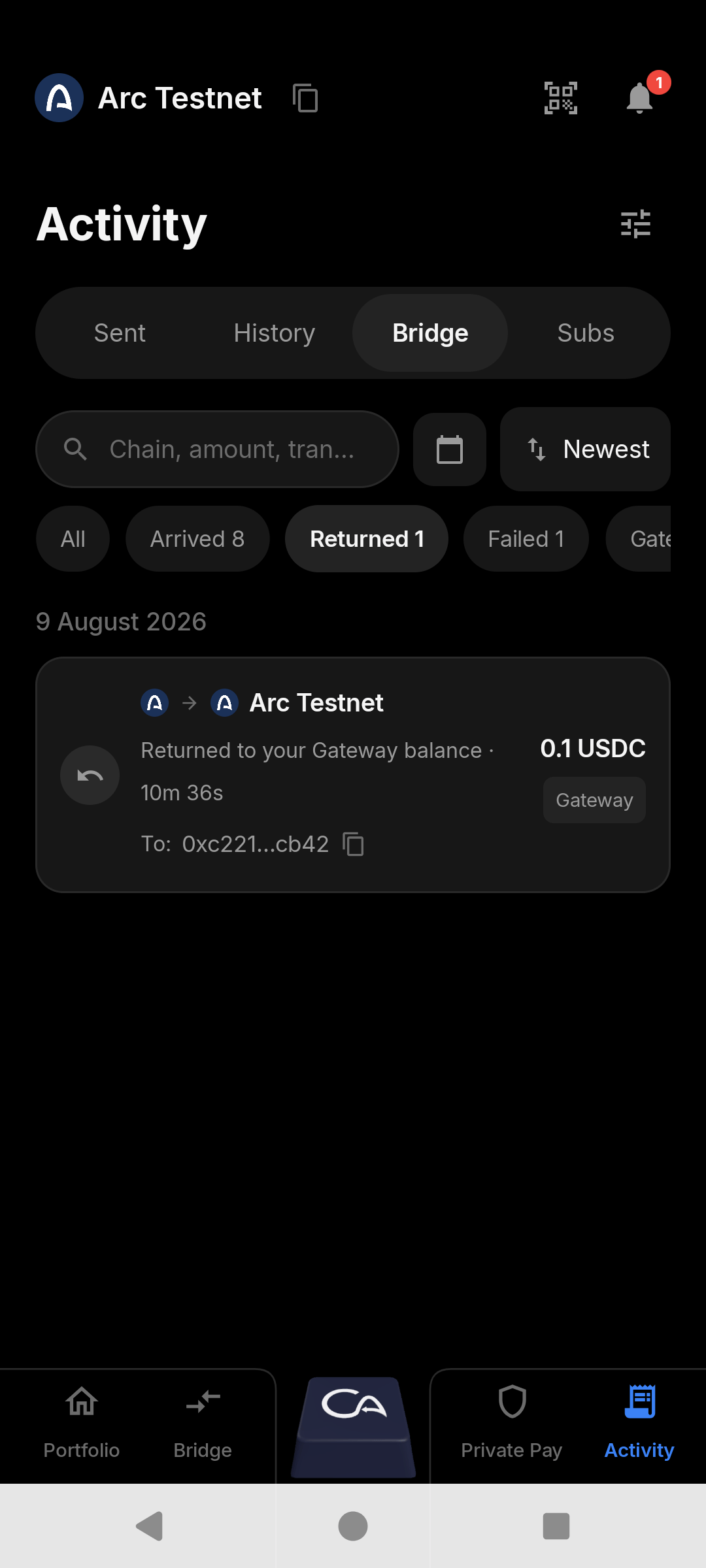 A bridge transfer returned on Android