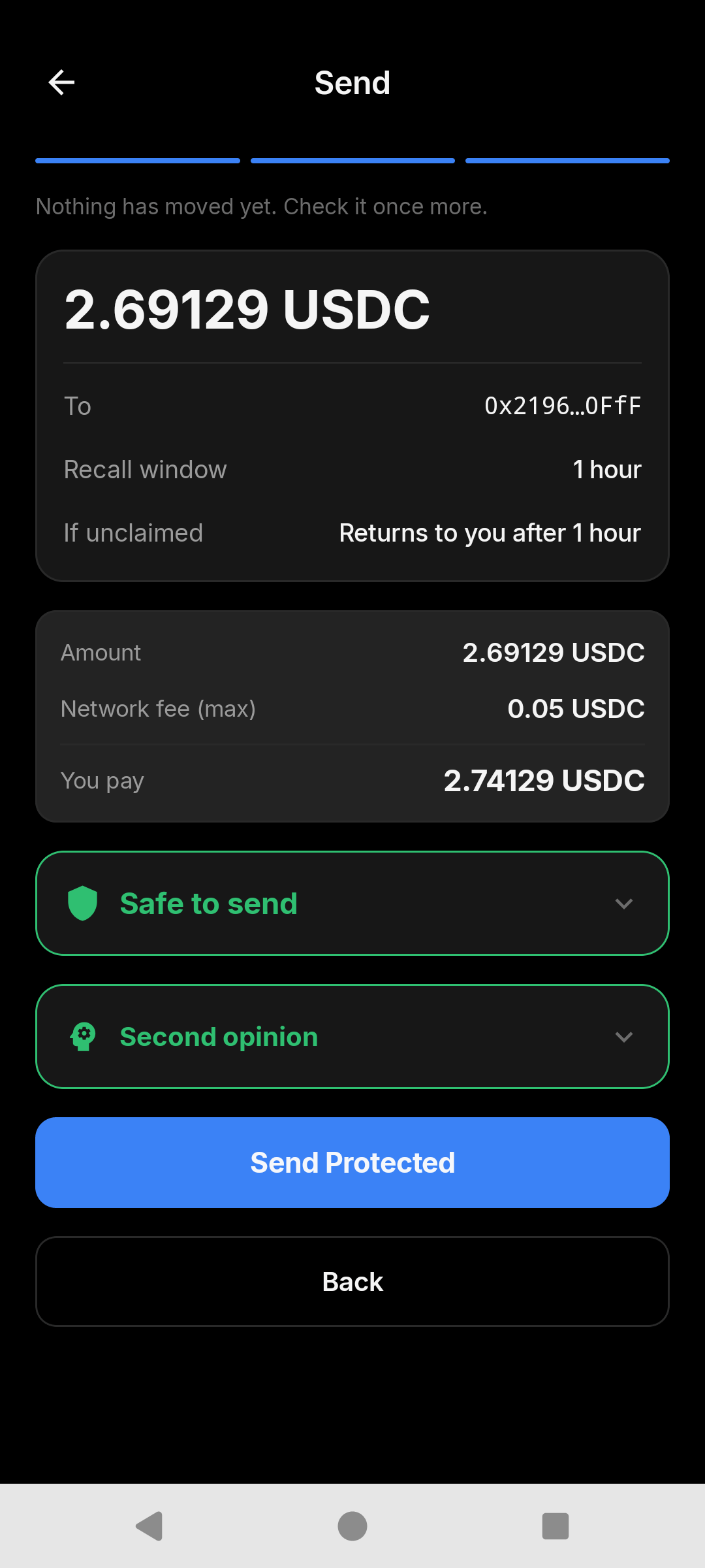 Confirming a send on Android