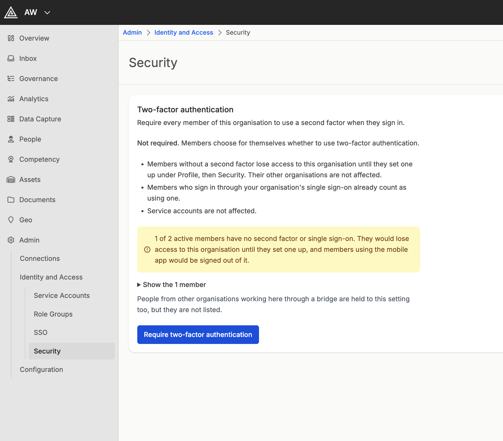 The Security page before the requirement is switched on, showing that 1 of 2 active members would lose access, and a Require two-factor authentication button