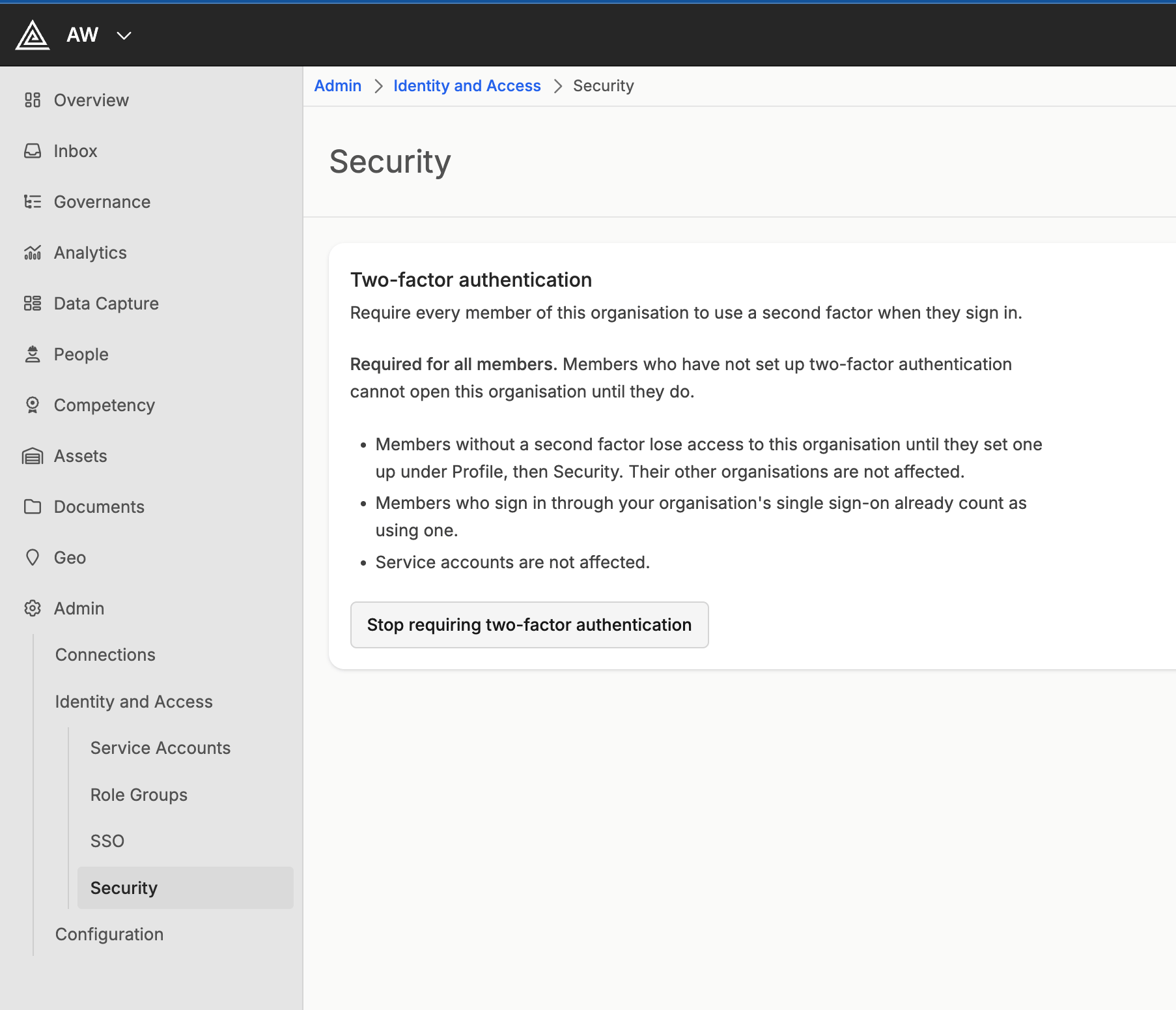 The Security page with two-factor authentication required for all members, and a Stop requiring two-factor authentication button