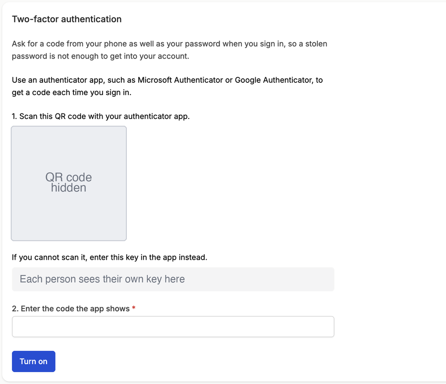 The Security page, with a QR code to scan, a key to enter instead, a box for the code and a Turn on button