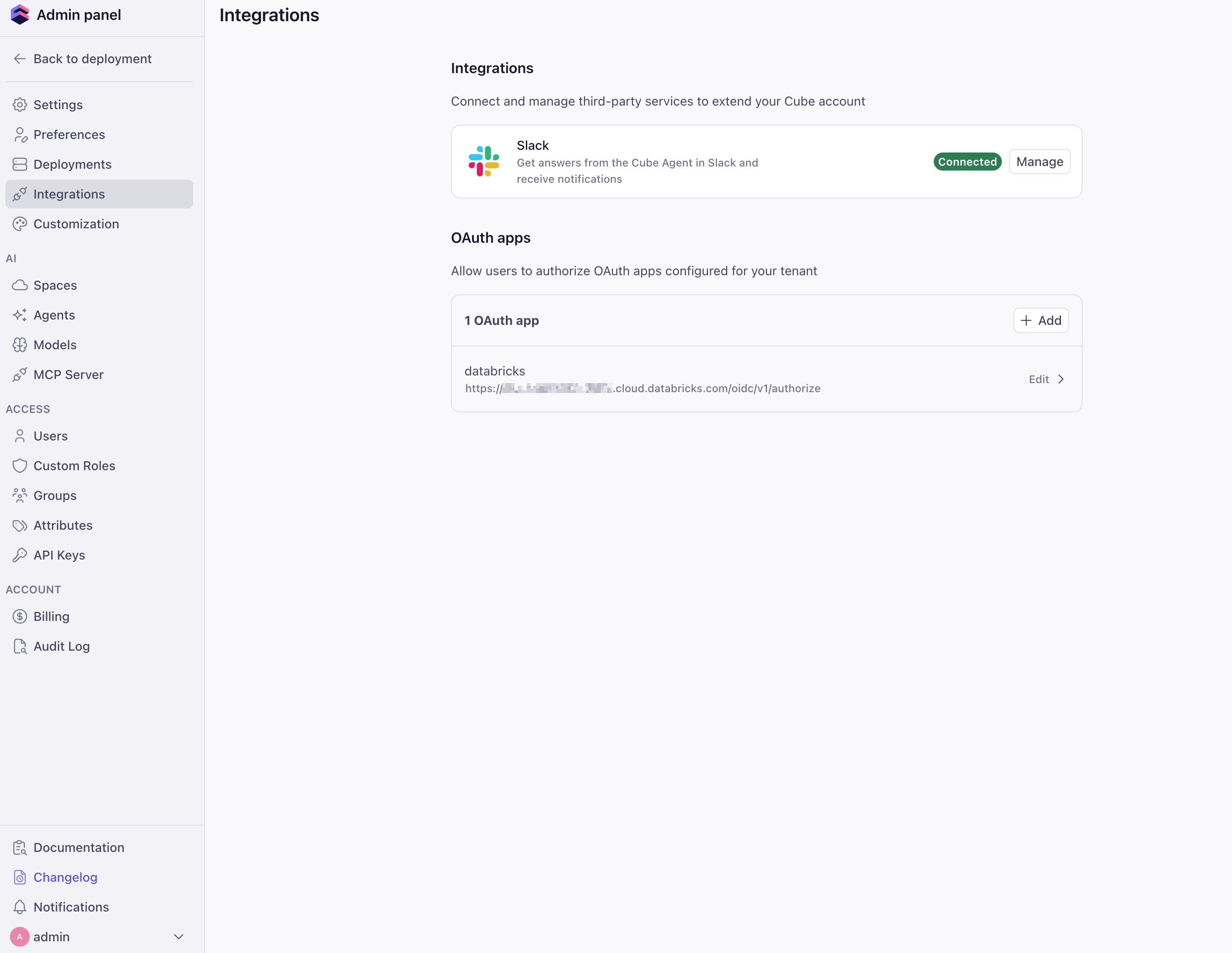 Admin Integrations page showing the OAuth apps section with the Add button