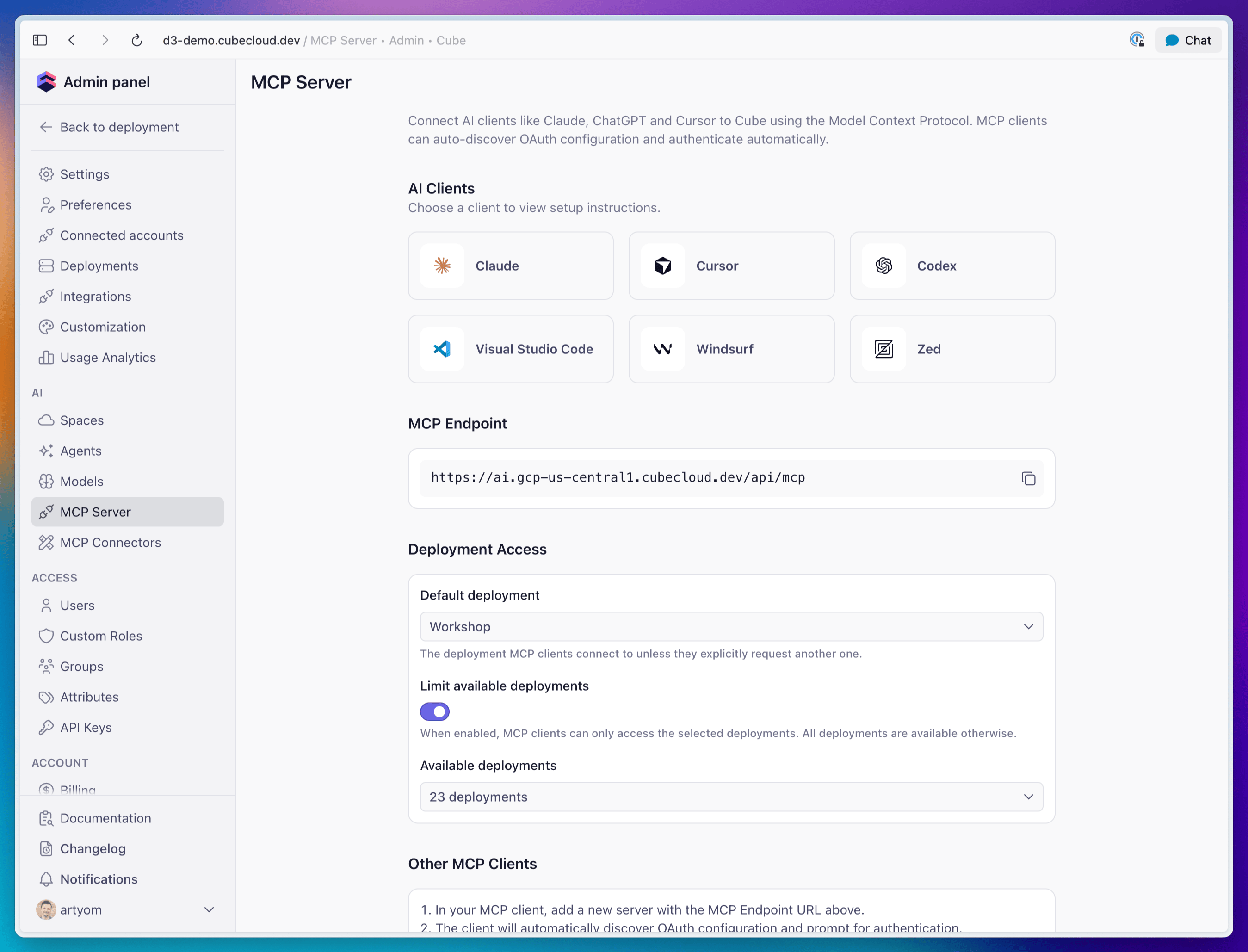 Admin MCP Server page showing the Deployment Access section with the default deployment dropdown, the Limit available deployments switch, and the available deployments picker