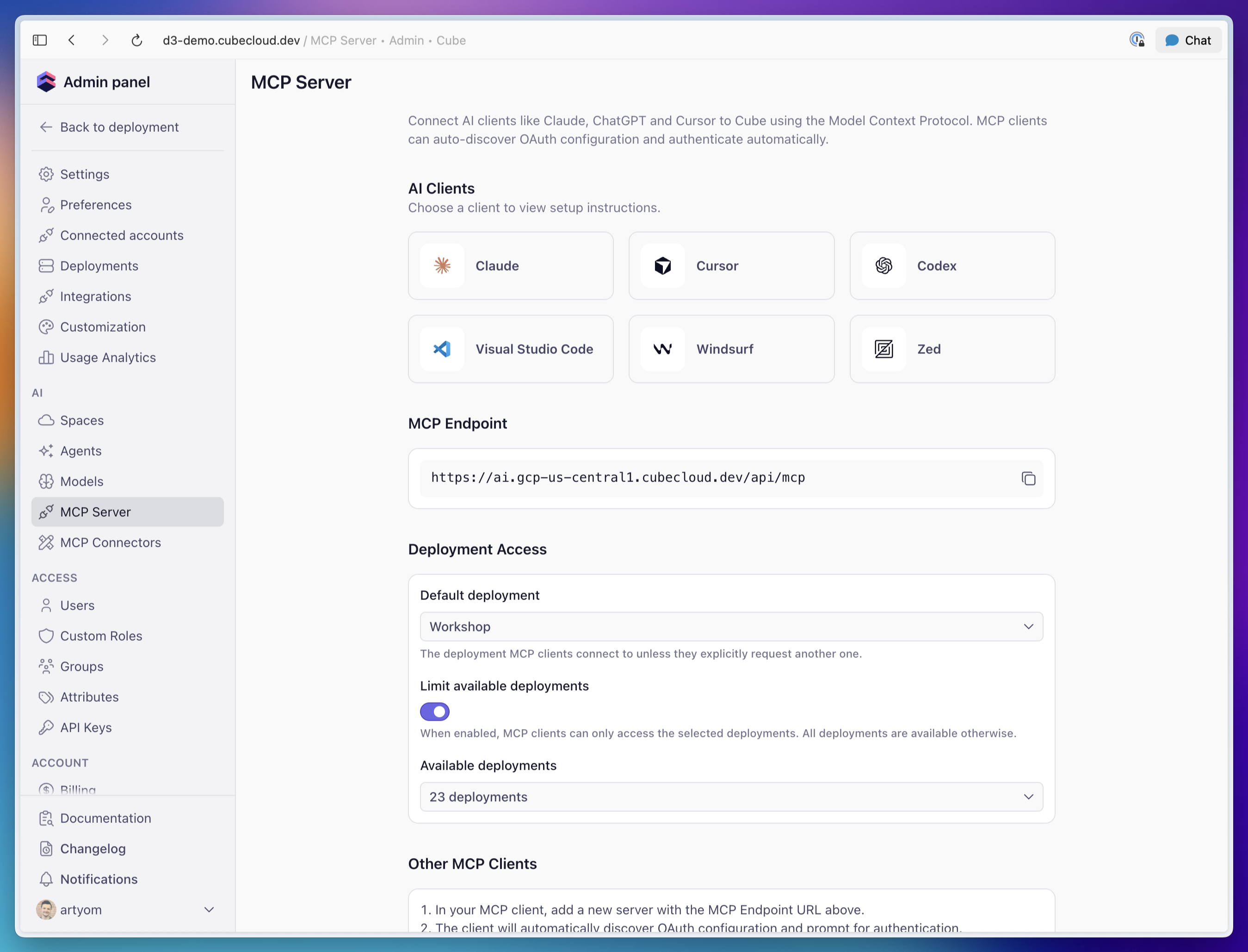 Admin MCP Server page showing the Deployment Access section with the default deployment dropdown, the Limit available deployments switch, and the available deployments picker