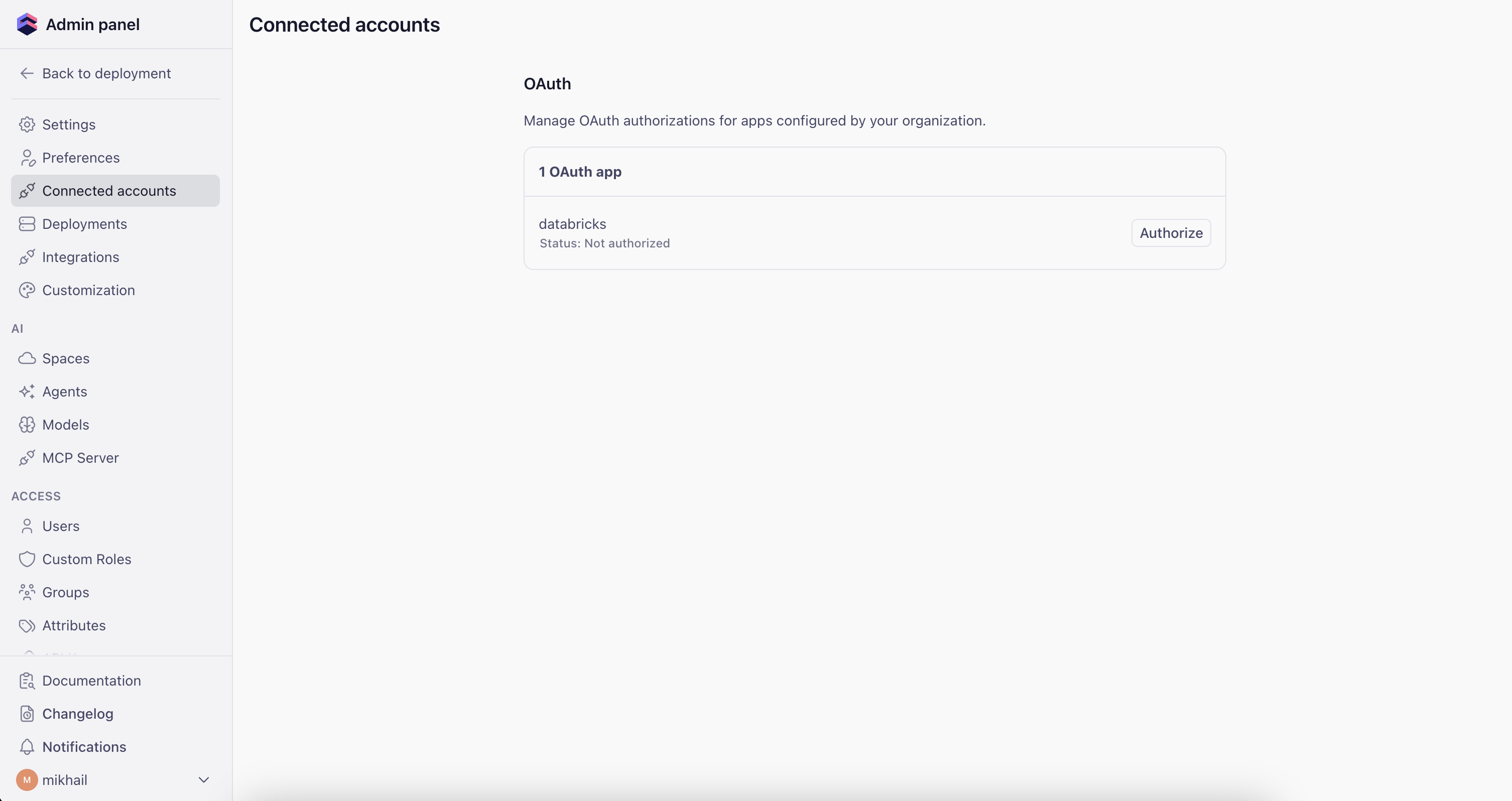 Connected apps page showing the OAuth integration with an Authorize action