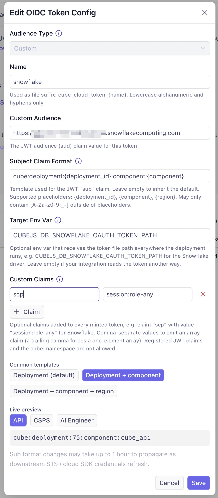 Edit OIDC Token Config dialog in Cube Cloud for Snowflake: Custom audience type, the Snowflake account URL as the custom audience, a Target Env Var of CUBEJS_DB_SNOWFLAKE_OAUTH_TOKEN_PATH, and a custom claim scp set to session:role-any.