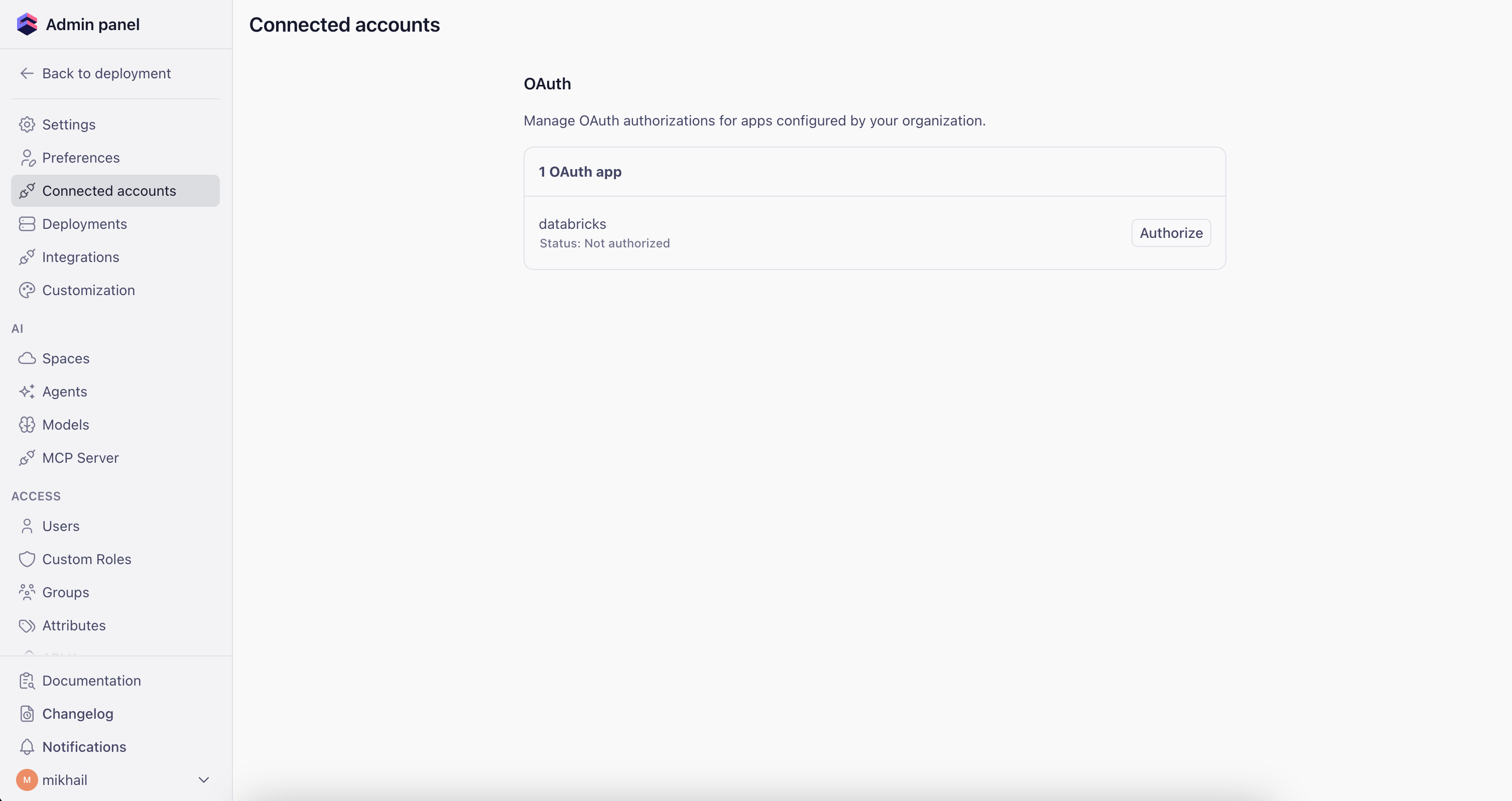 Connected apps page showing the OAuth integration with an Authorize action