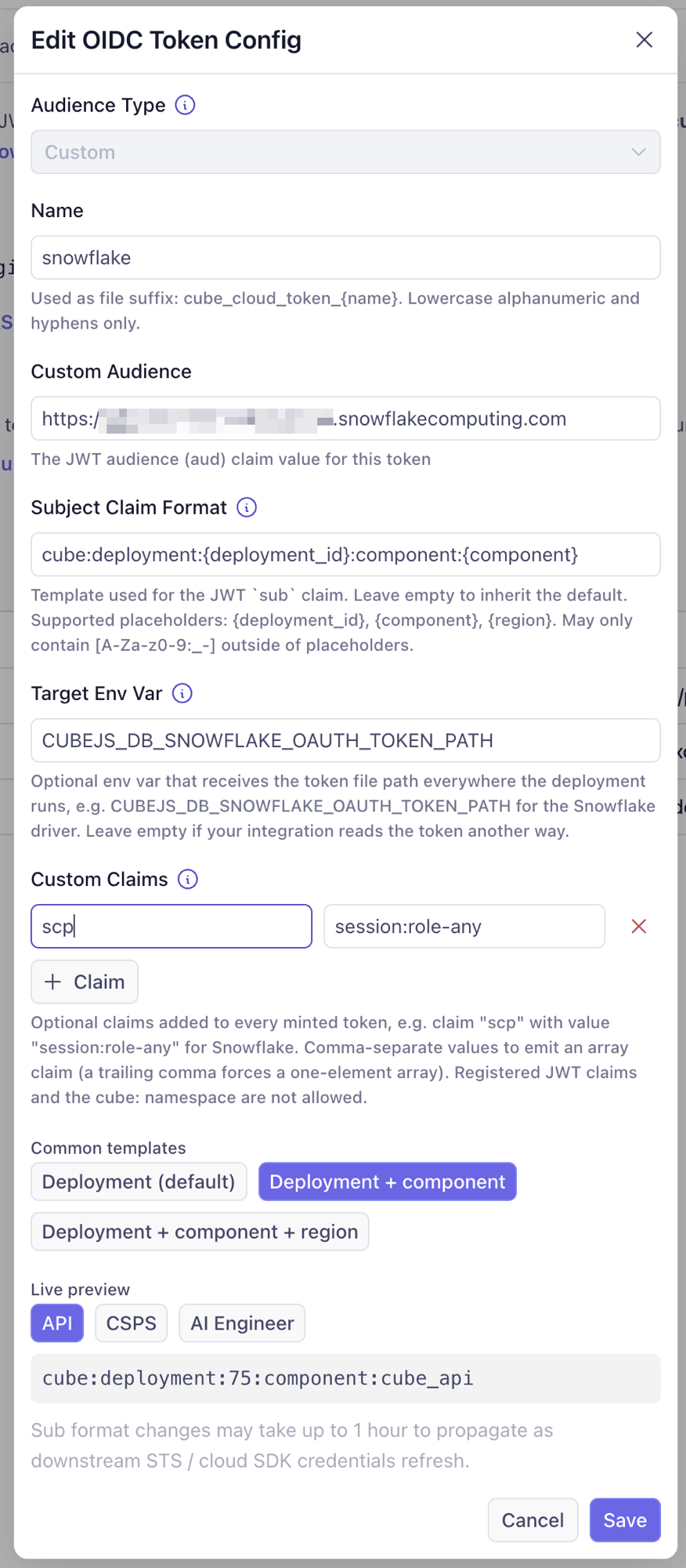 Edit OIDC Token Config dialog in Cube Cloud for a custom Snowflake audience: Custom audience type, the Snowflake account URL as the custom audience, a Target Env Var of CUBEJS_DB_SNOWFLAKE_OAUTH_TOKEN_PATH, and a custom claim scp set to session:role-any.