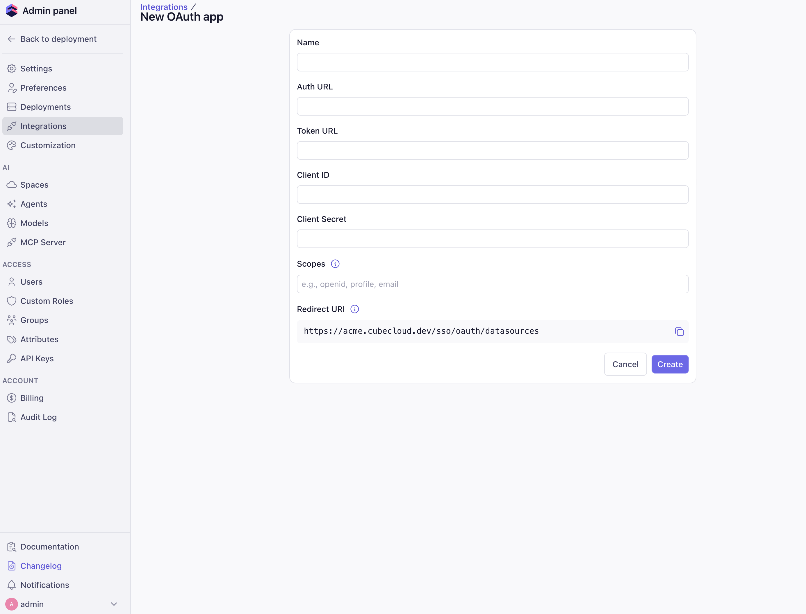 New OAuth app form with fields for Name, Auth URL, Token URL, Client ID, Client Secret, Scopes, and Redirect URI
