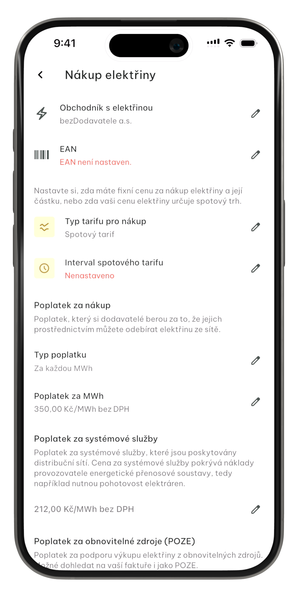 Nastavení nákupu elektřiny