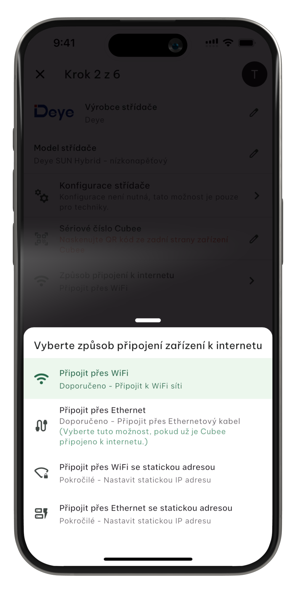 Vytvoření domácnosti krok 2 Výběr připojení k internetu