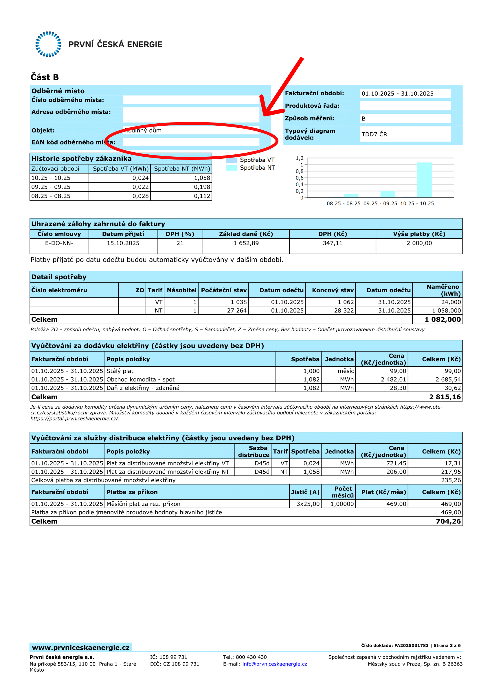 Faktura První české energie Spotreba EAN Pn