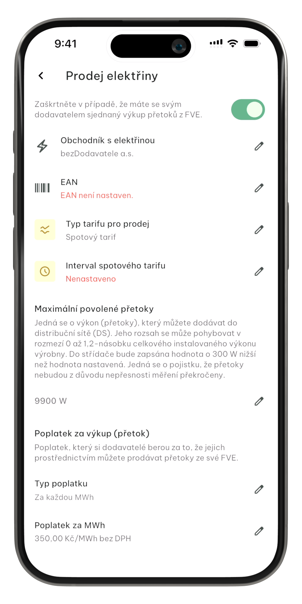 Nastavení nákupu elektřiny