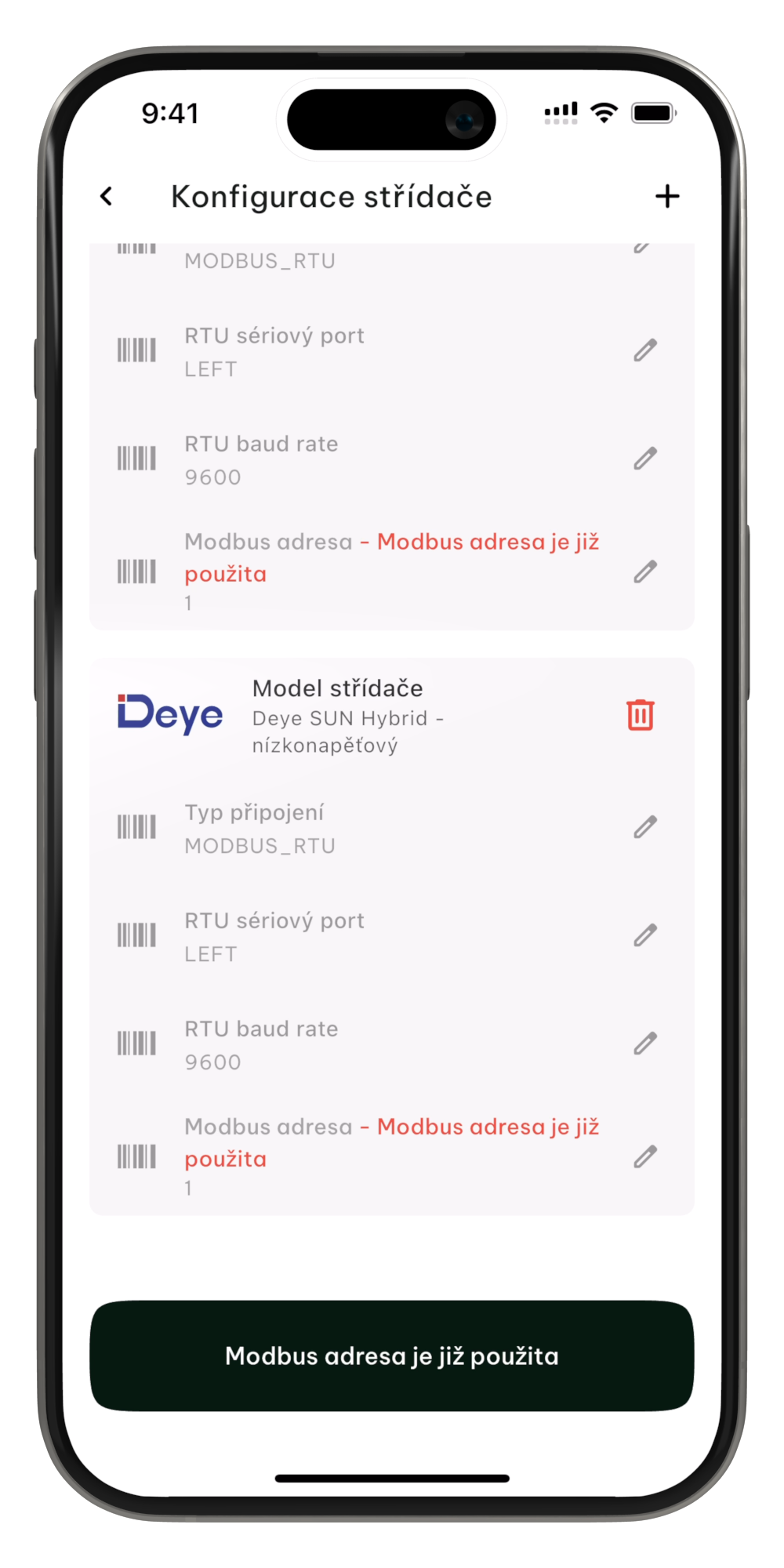 Chyba konfigurace - Stejná modbus adresa