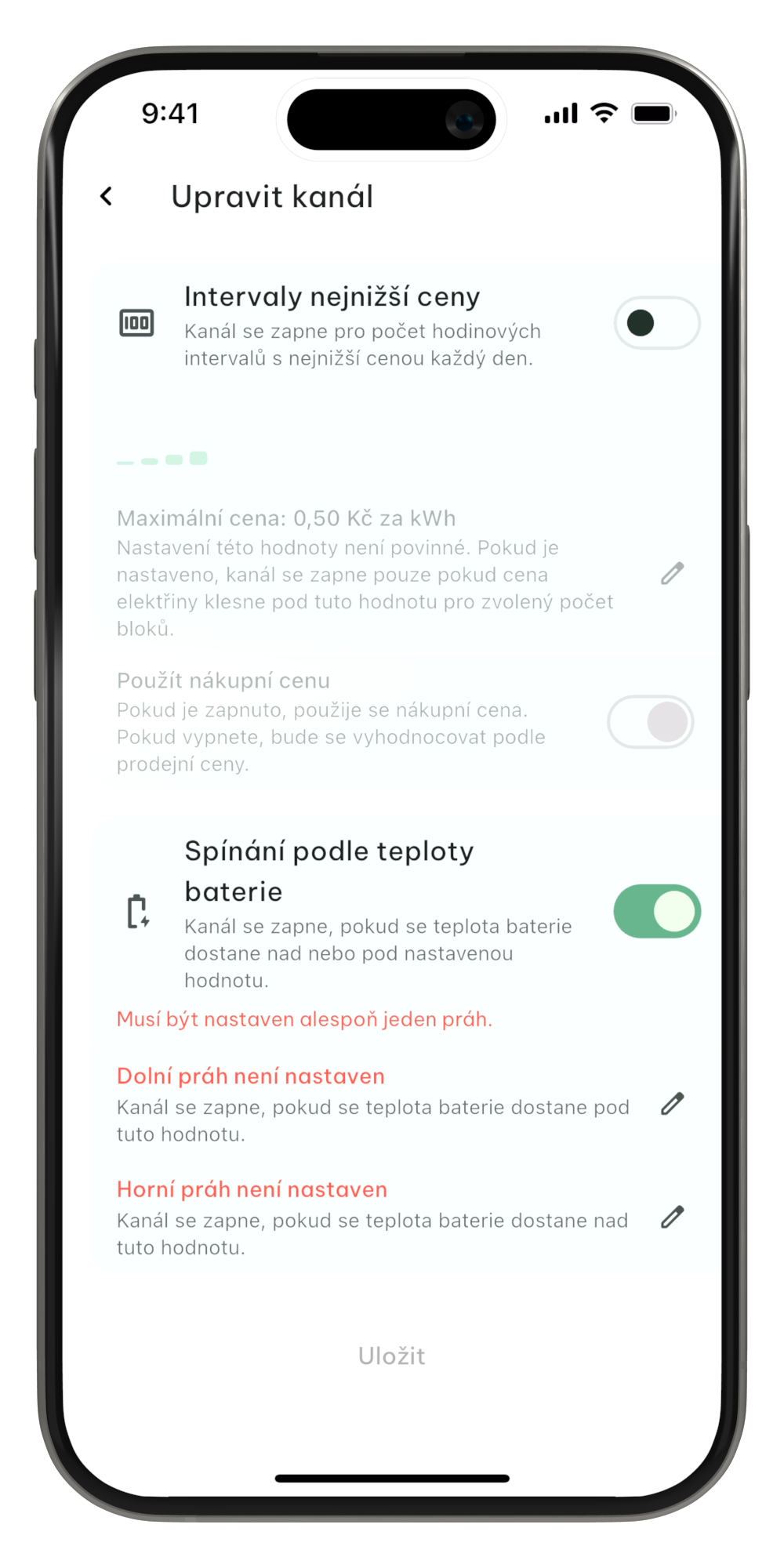 Spínání podle teploty baterie