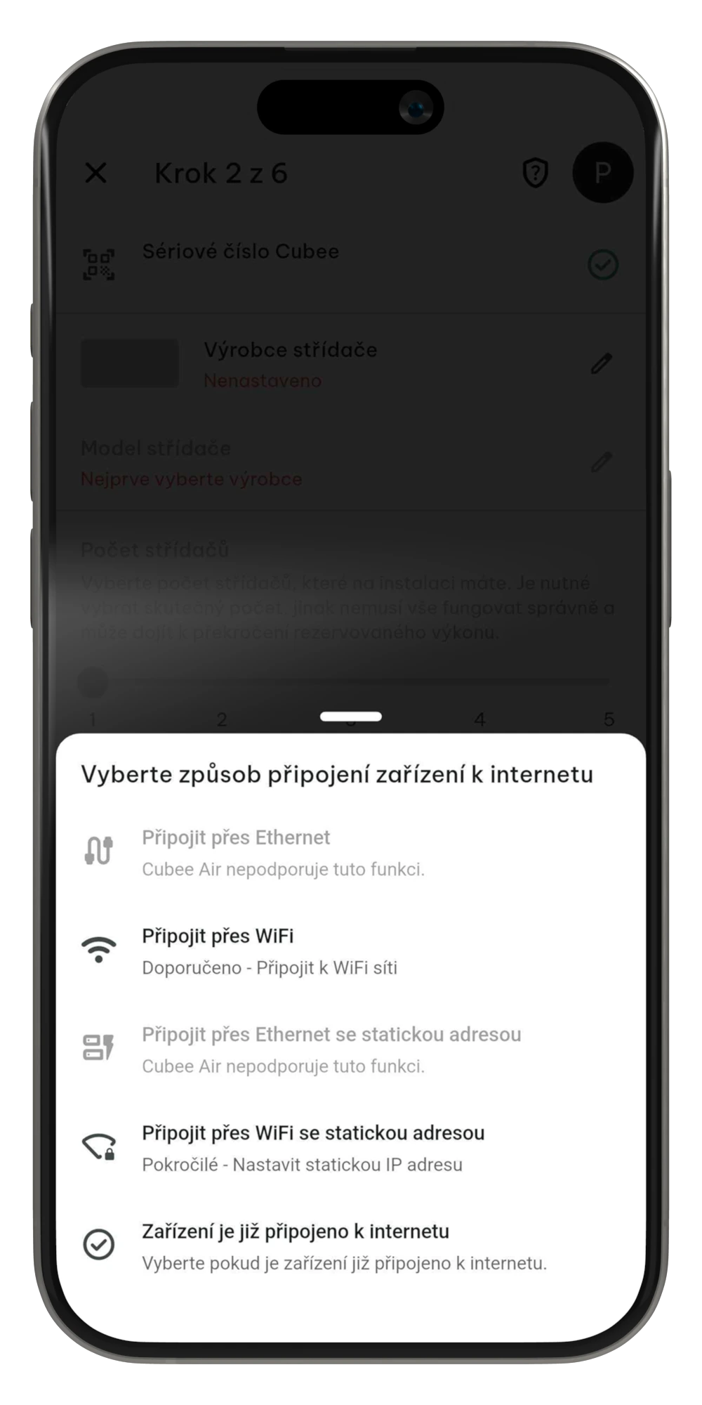 Vytvoření domácnosti krok 2 Typ připojení Air