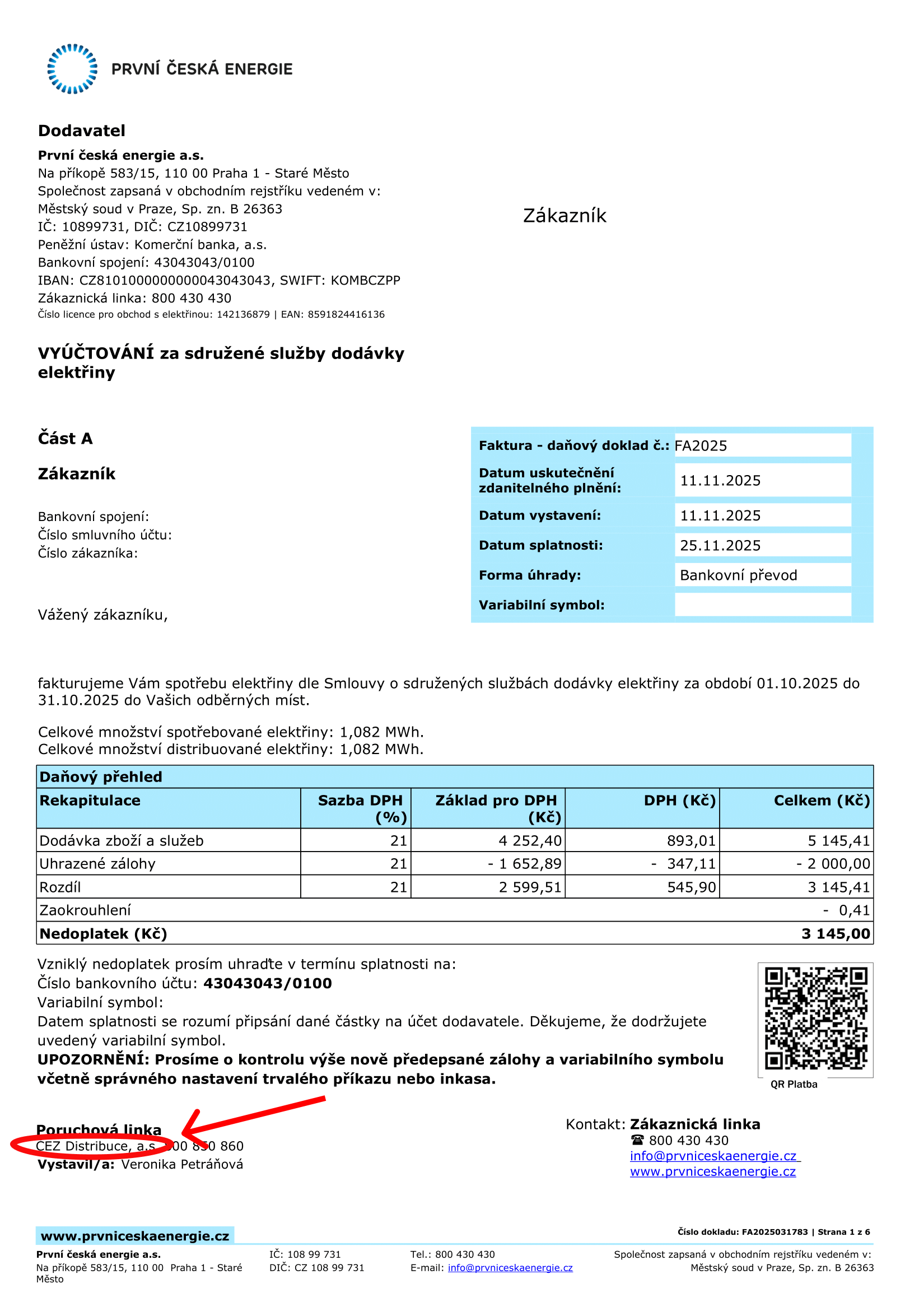 Faktura První české energie Distribucni sazba Pn