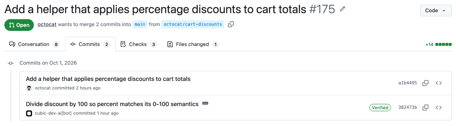 cubic's fix commit in the pull request's commit list