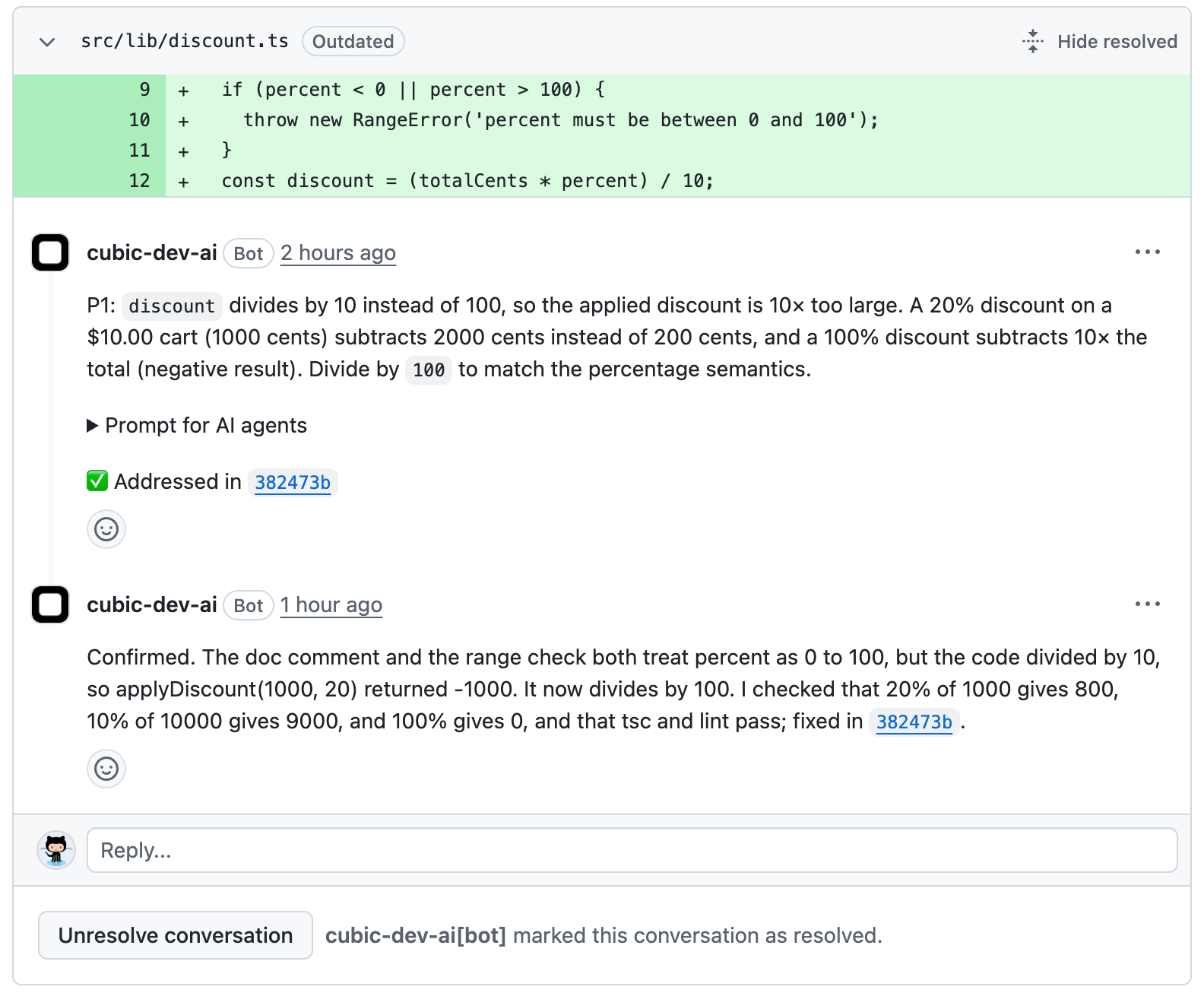 cubic's Confirmed reply on a resolved review thread, naming its fix commit