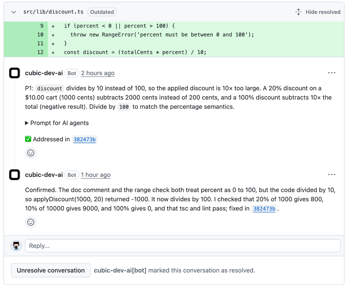cubic's Confirmed reply on a resolved review thread, naming its fix commit