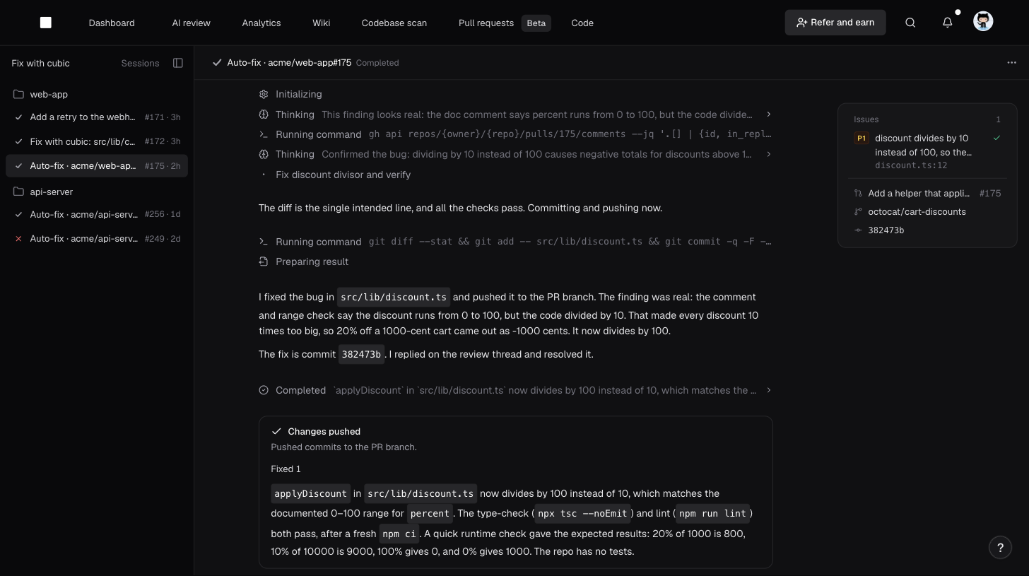 An auto-fix run's fix session in cubic, showing the agent's steps and the pushed fix