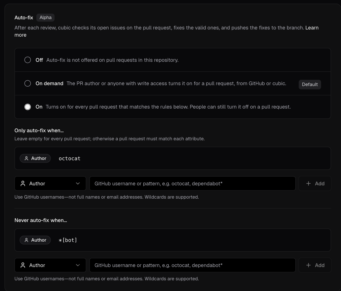 Auto-fix card set to On, with an Only auto-fix rule for one author and a Never auto-fix rule for bots