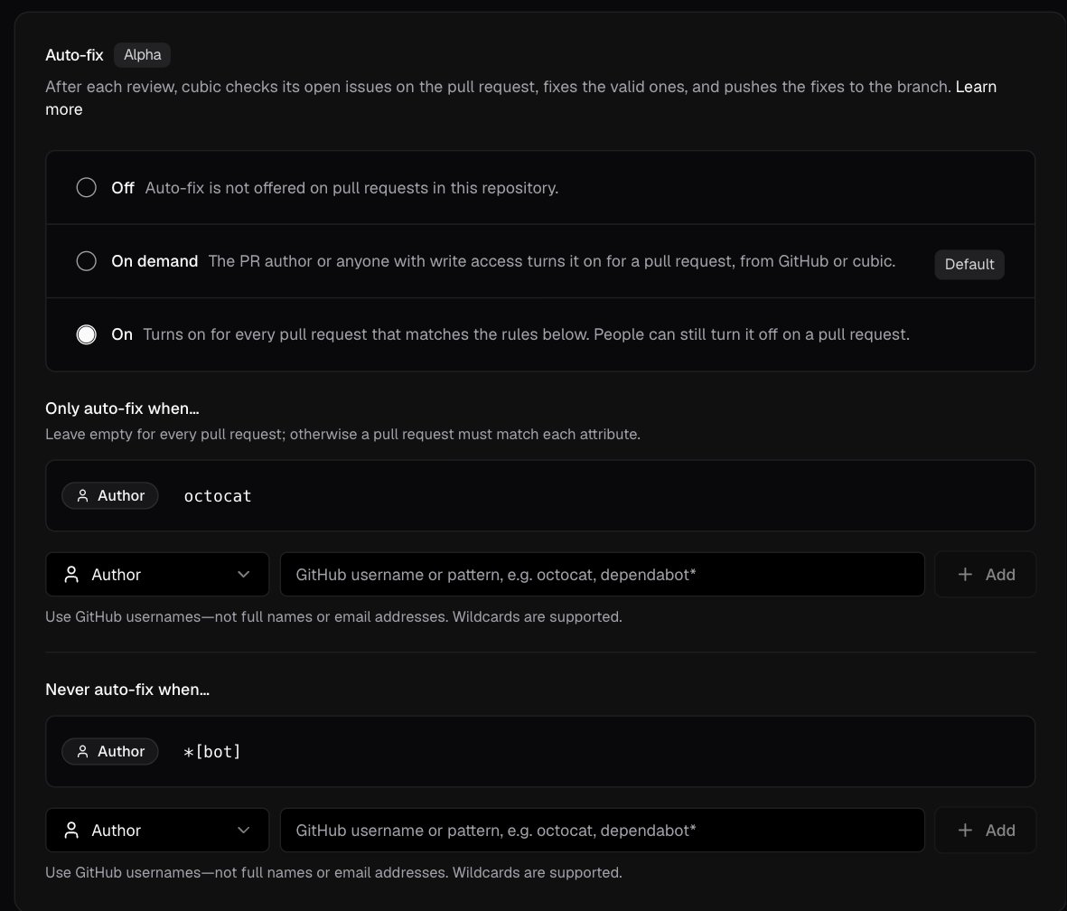Auto-fix card set to On, with an Only auto-fix rule for one author and a Never auto-fix rule for bots