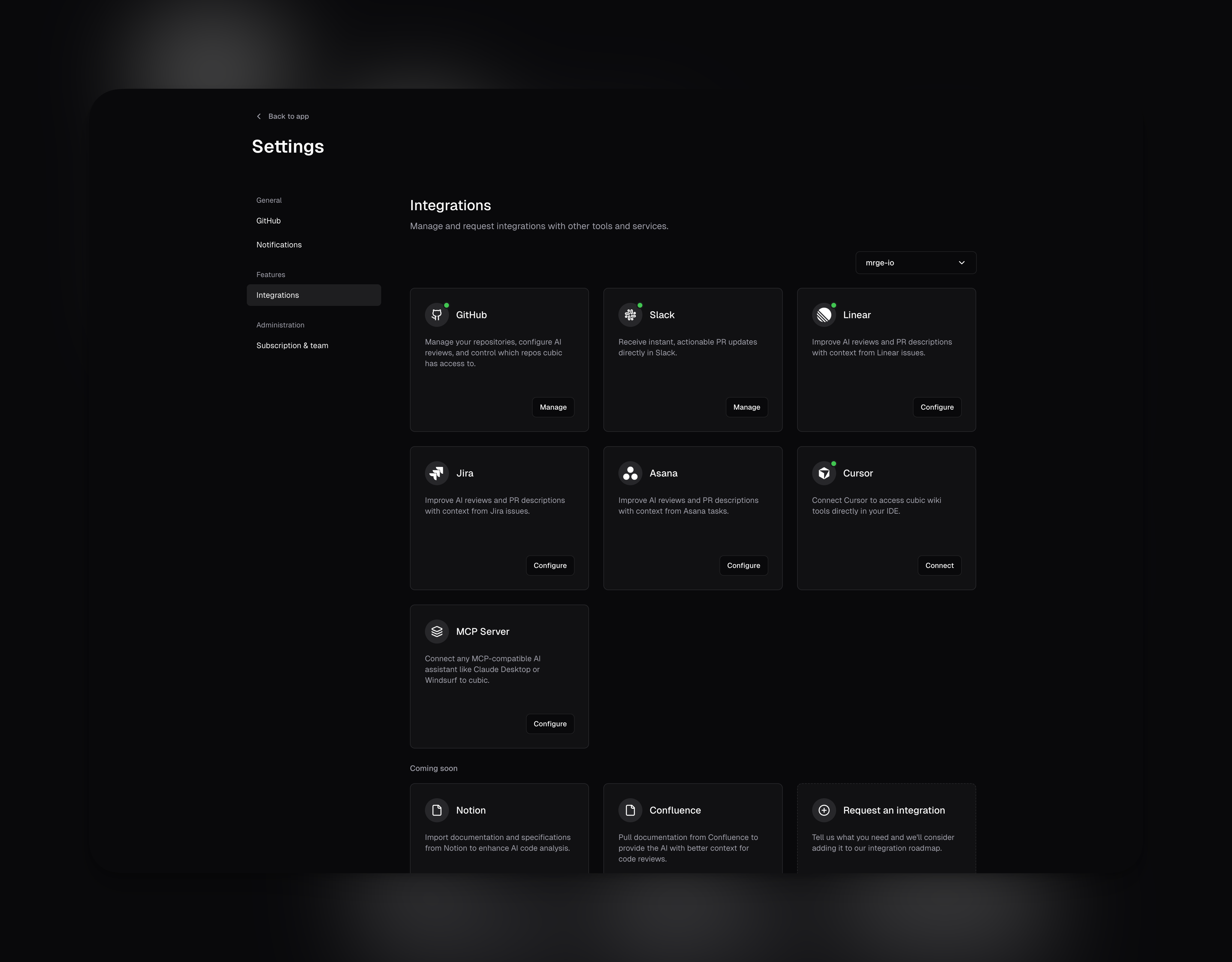 Integrations page showing MCP Server card in Settings