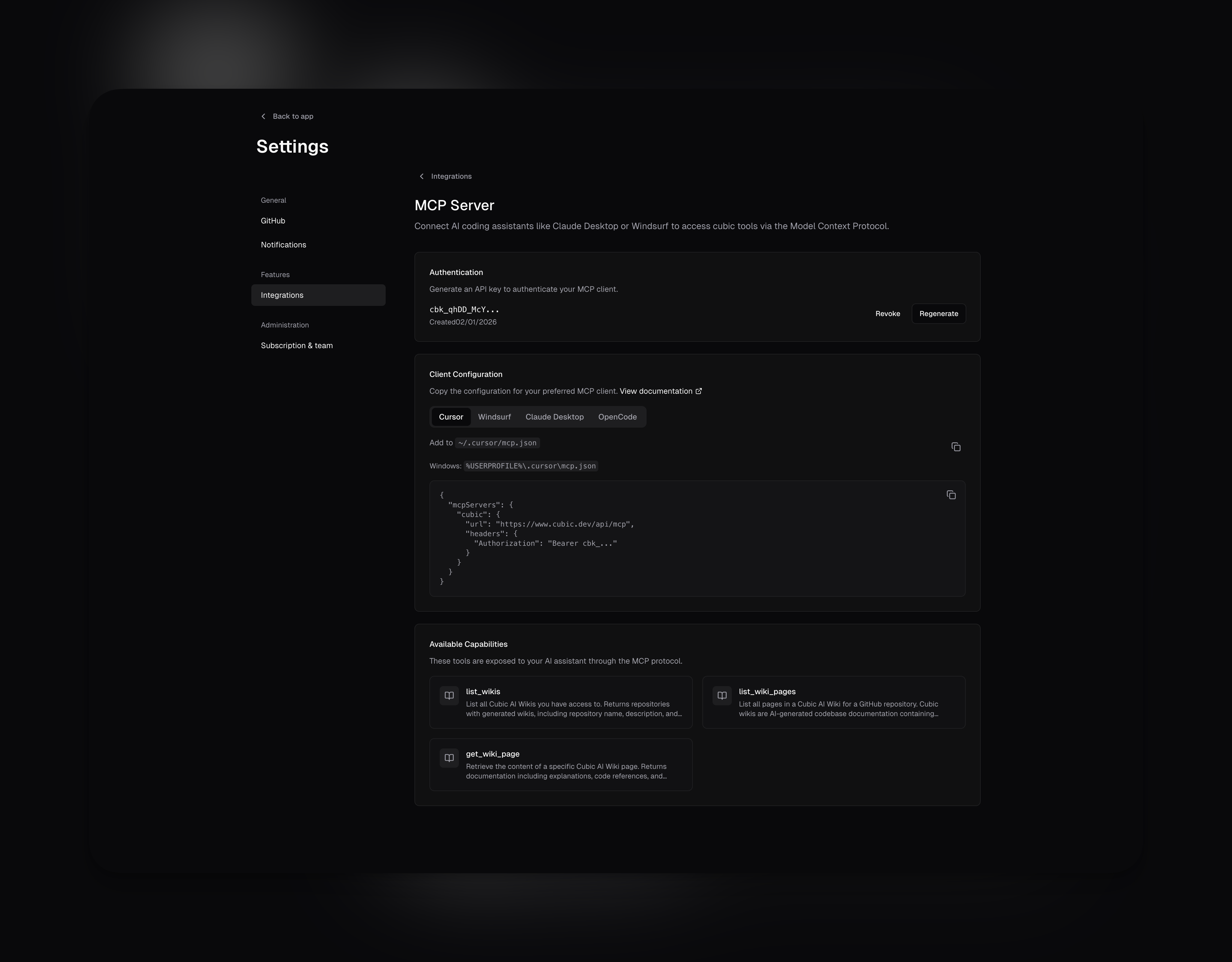 MCP Server configuration showing API key and client setup