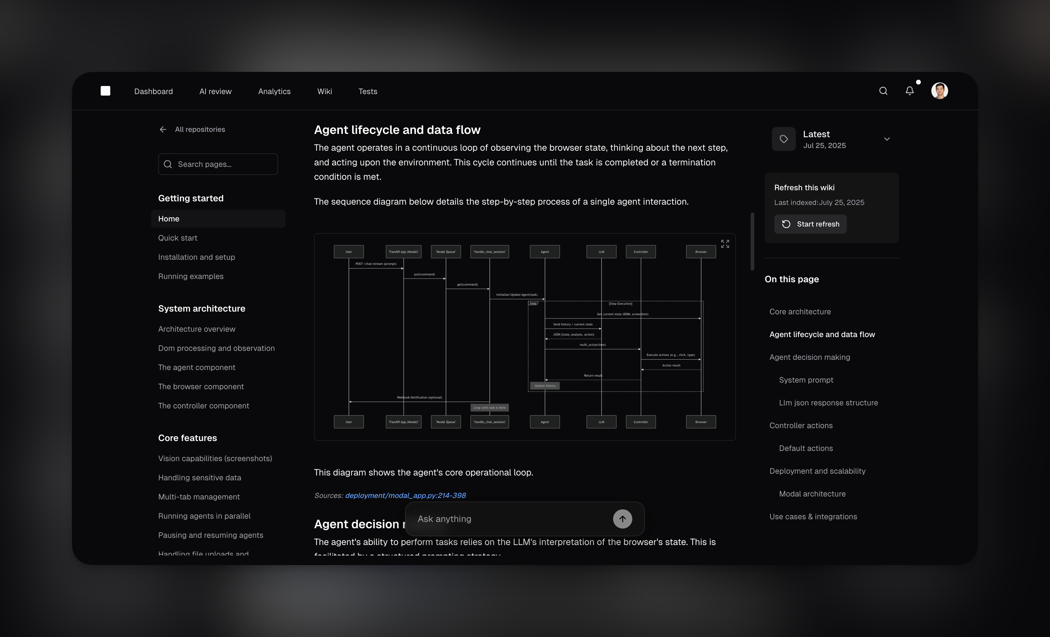 Wiki documentation viewer showing agent lifecycle and data flow