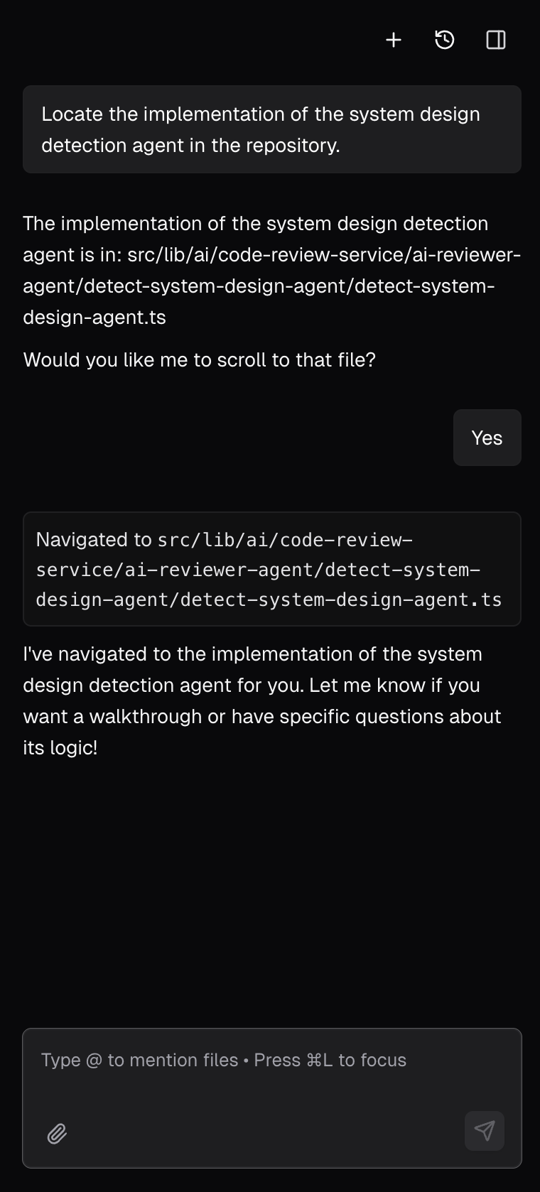 File mention dropdown and AI-guided code navigation
