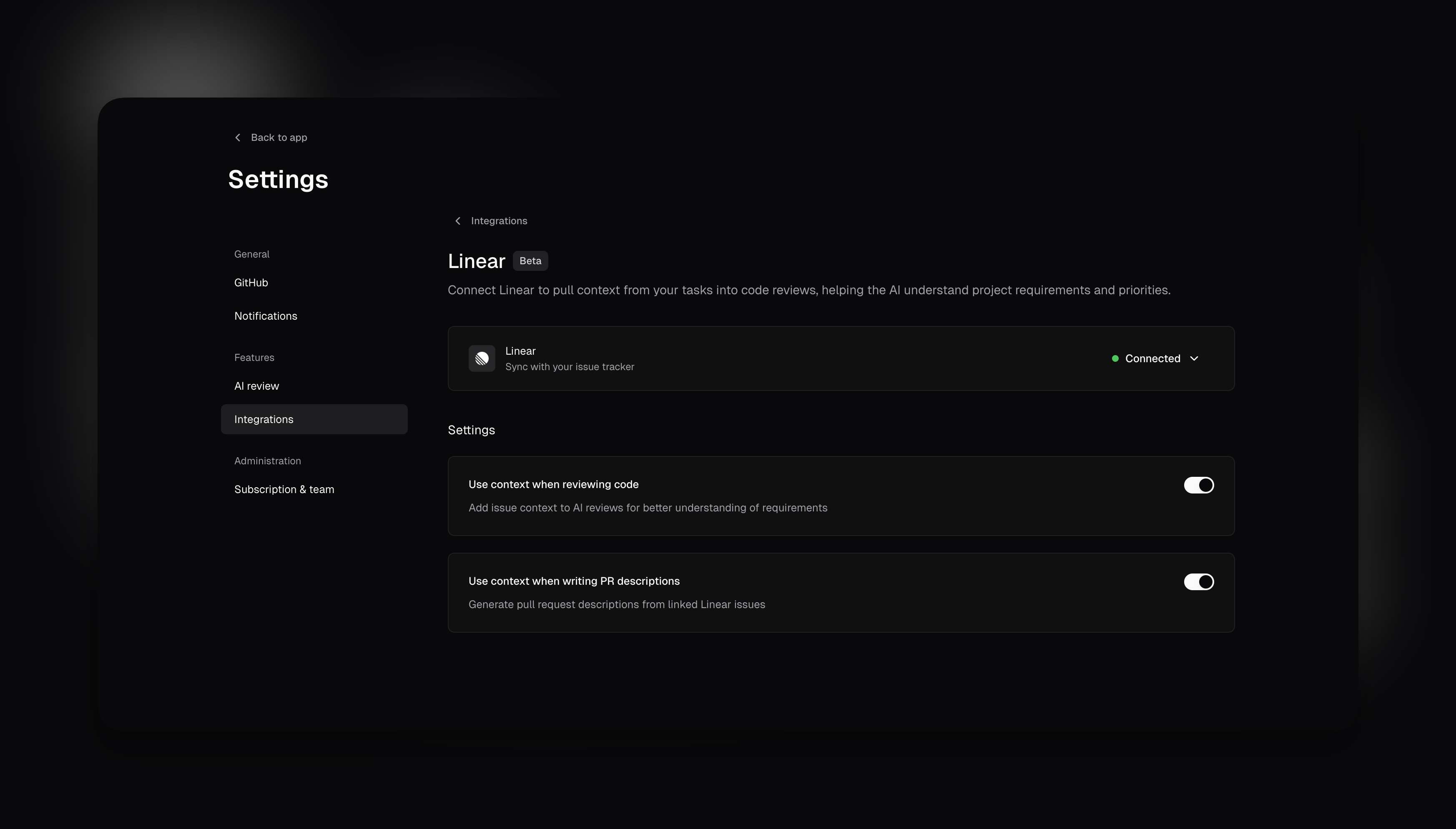 Linear integration settings page
