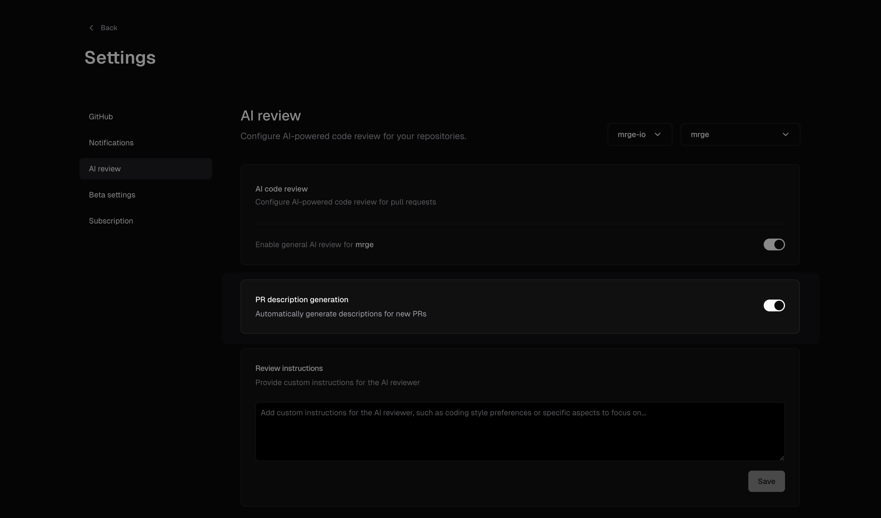 AI review settings