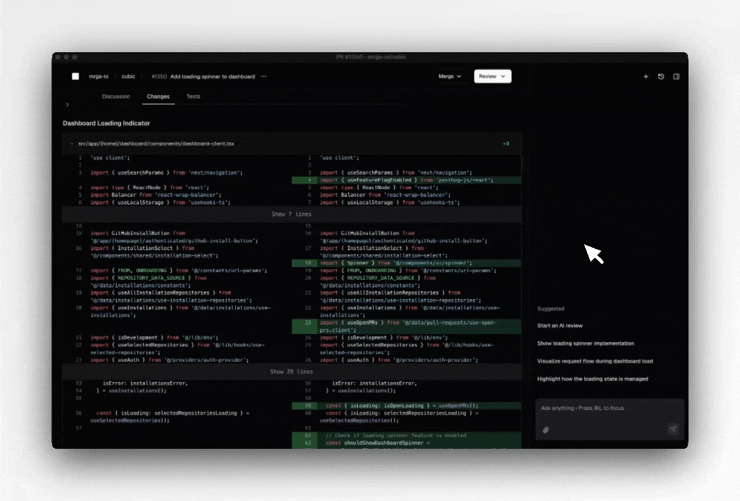 AI sidebar navigating to code implementation